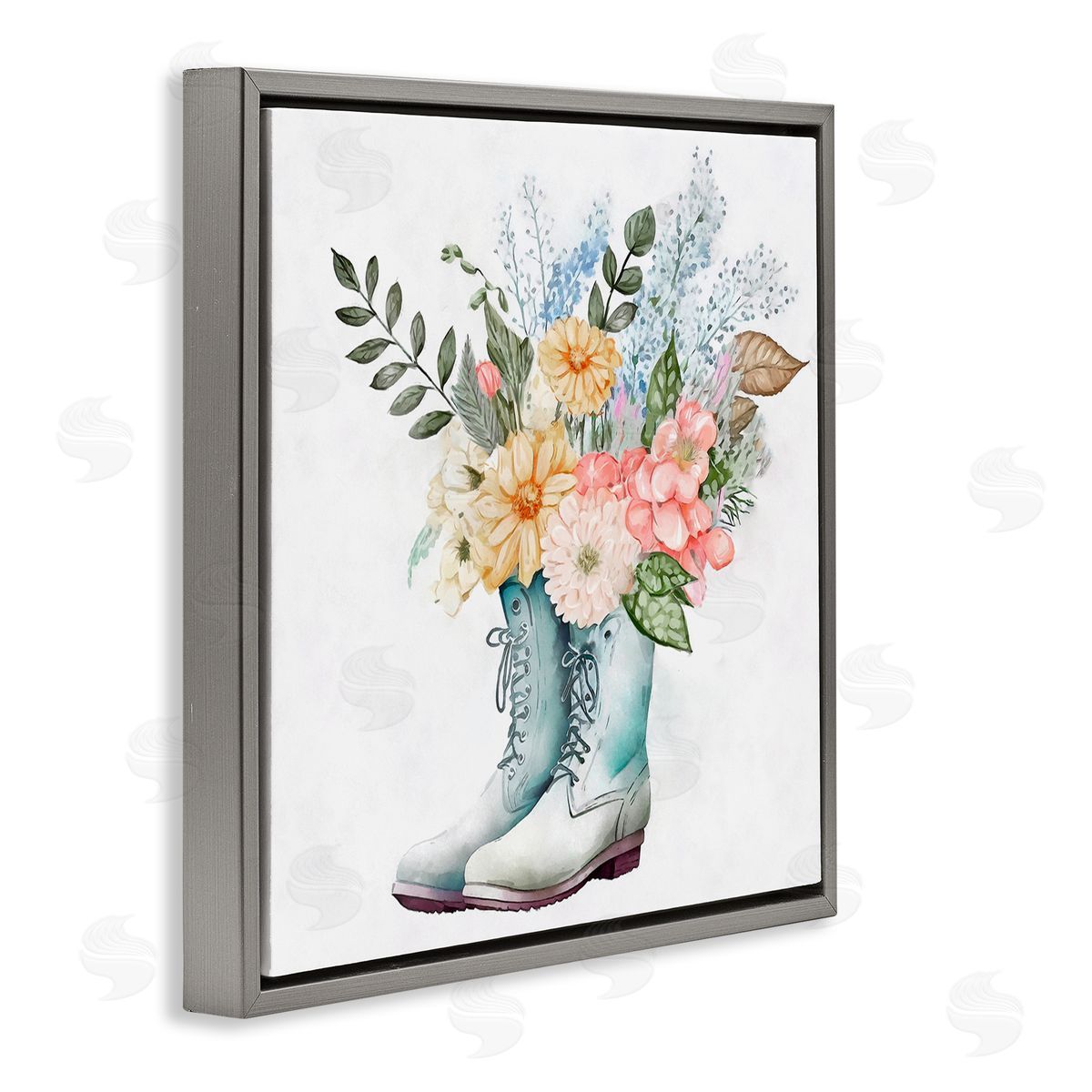 Ziwei Li Garden Boot Mixed Flower Bouquet Gray Floating Frame Canvas Wall Art Print