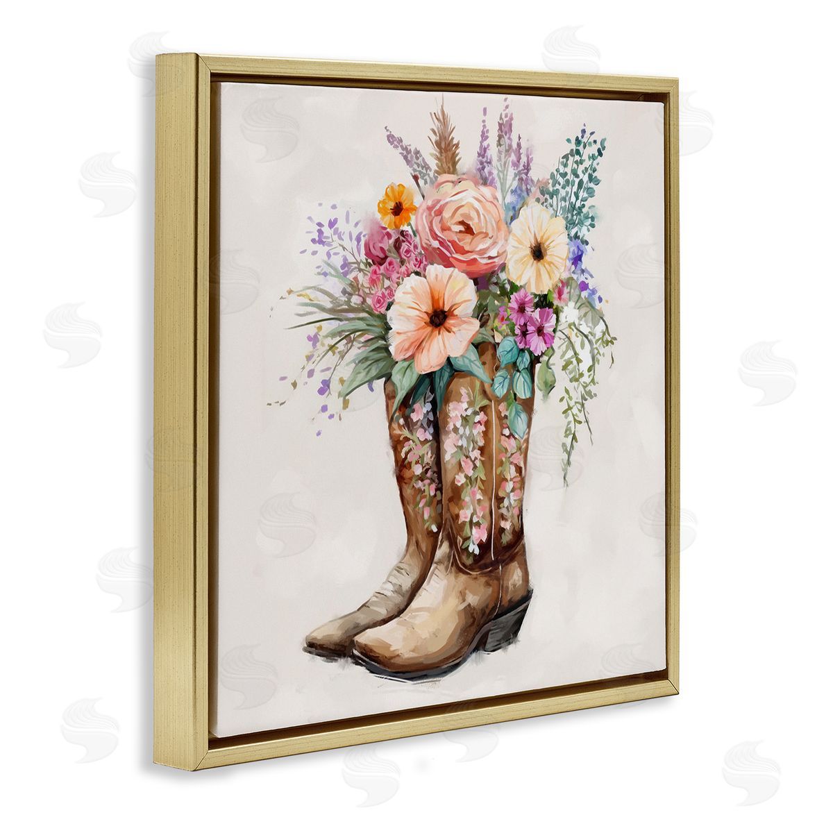 Country Cowboy Boots Bouquet Gold Floating Frame Canvas Wall Art, Home Decor by Ziwei Li