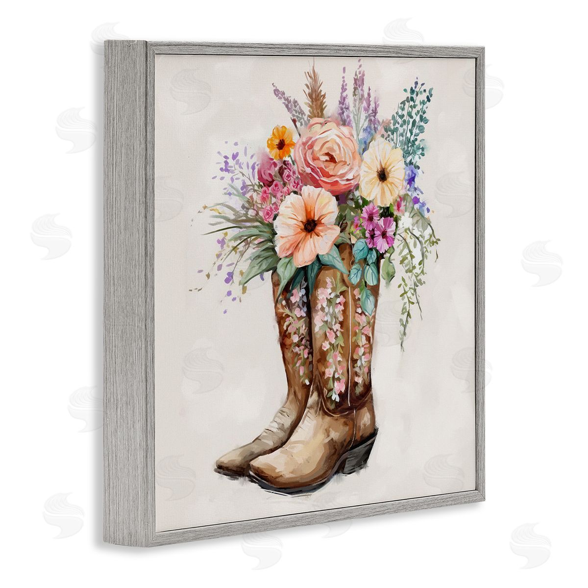 Country Cowboy Boots Bouquet Grey Frame Print Wall Art, Home Decor by Ziwei Li