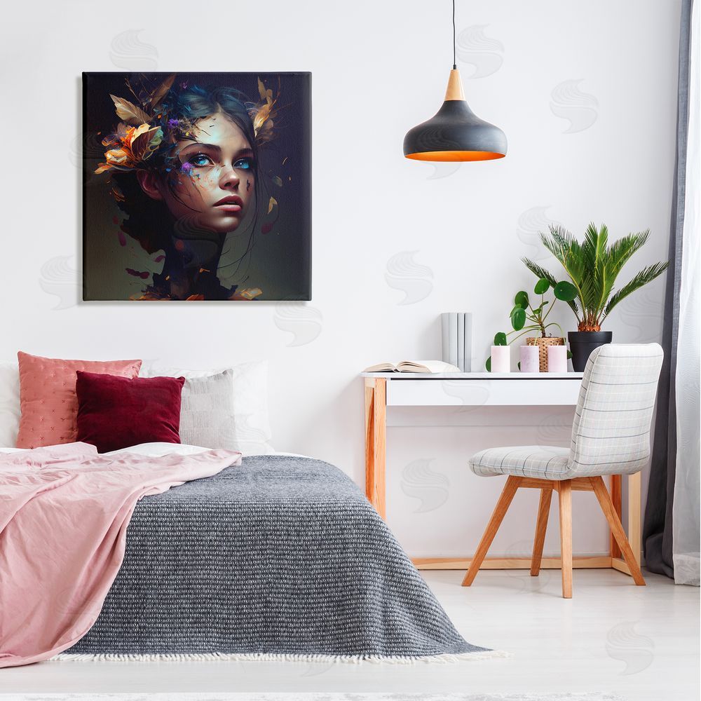 CyberGeek Design Girl With Flowers In Hair Portrait Canvas Wall Art in Room