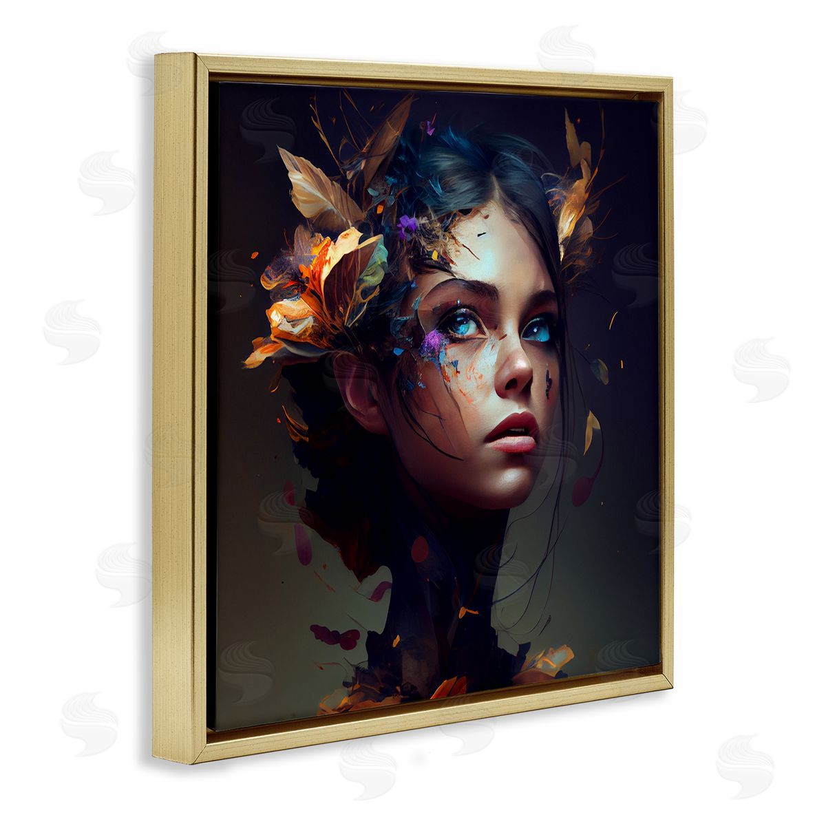 CyberGeek Design Girl With Flowers In Hair Portrait Gold Floating Frame Canvas Wall Art Print
