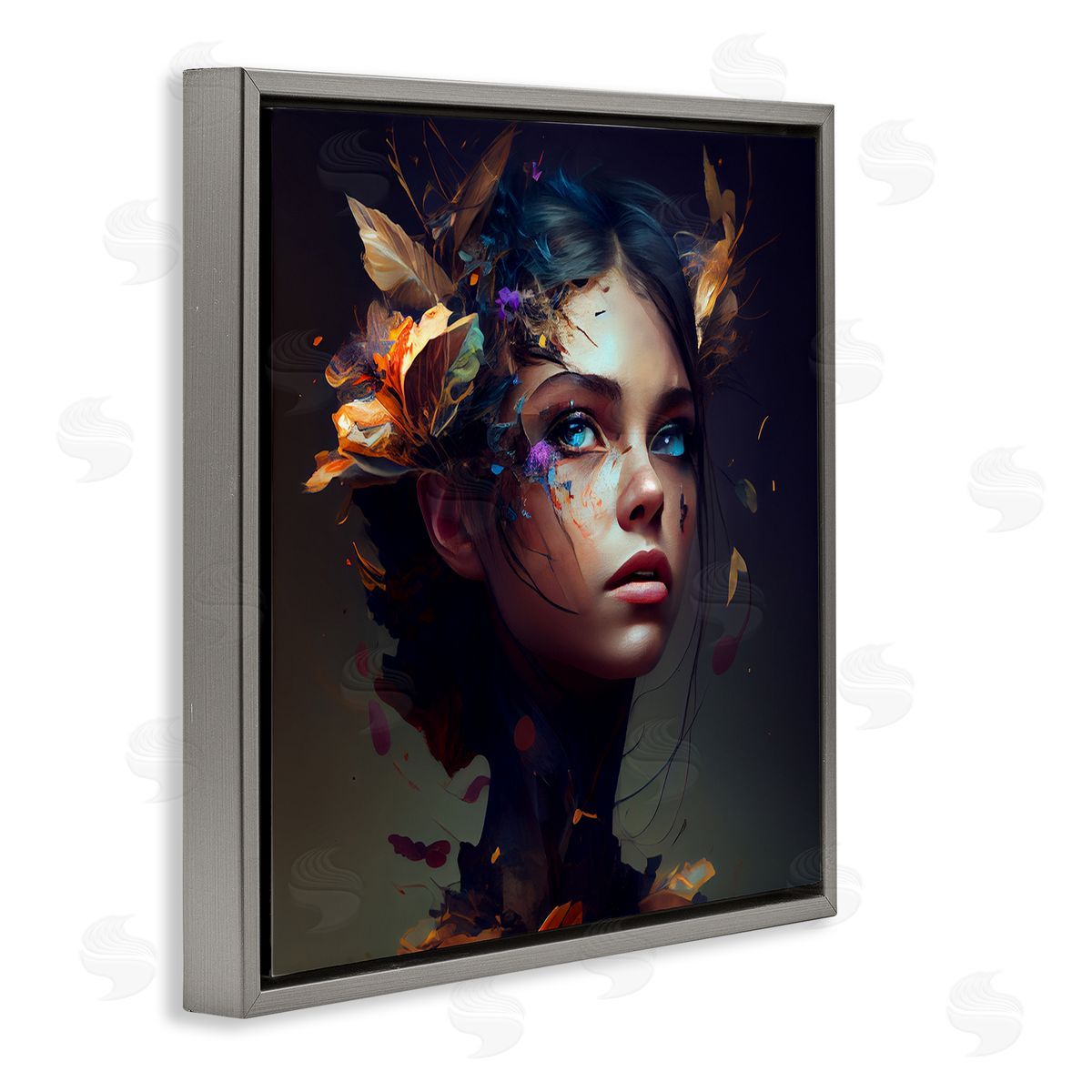 CyberGeek Design Girl With Flowers In Hair Portrait Gray Floating Frame Canvas Wall Art Print