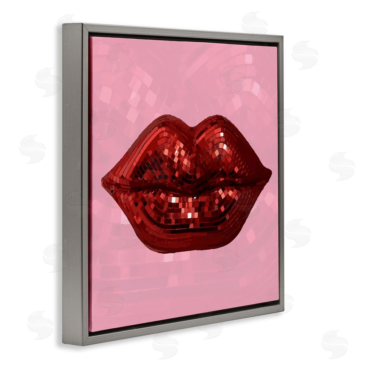 Stupell Studio Bold Pink & Red Lips Disco Pattern Gray Floating Frame Canvas Wall Art Print