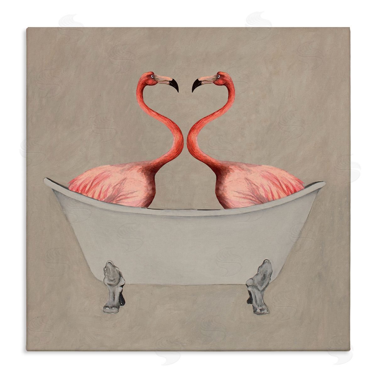 Coco de Paris Flamingos In Tub Beige Bathroom Stretched Canvas Wall Art Print