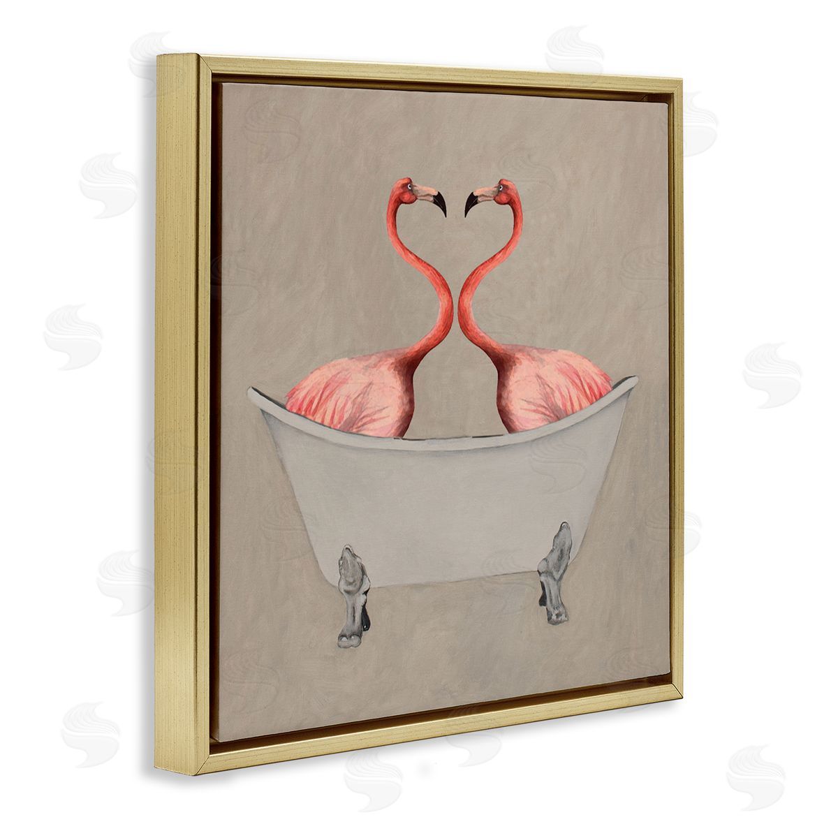Coco de Paris Flamingos In Tub Beige Bathroom Gold Floating Frame Canvas Wall Art Print
