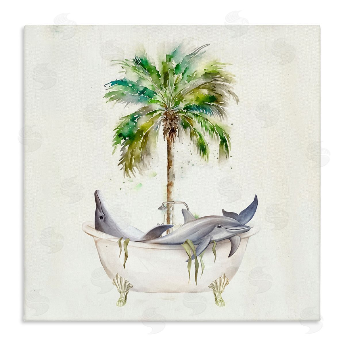 Ziwei Li Dolphins in Bath Tub Palm Tree Stretched Canvas Wall Art Print