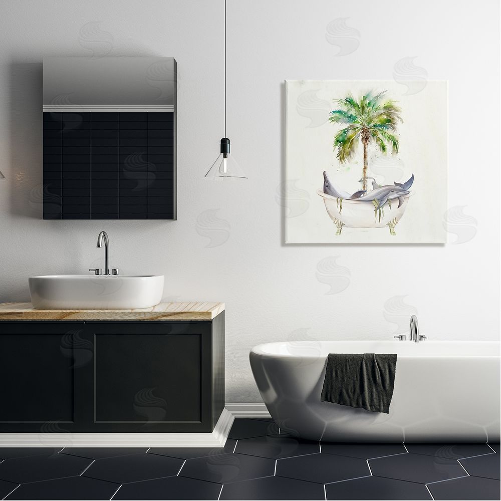 Ziwei Li Dolphins in Bath Tub Palm Tree Canvas Wall Art in Room