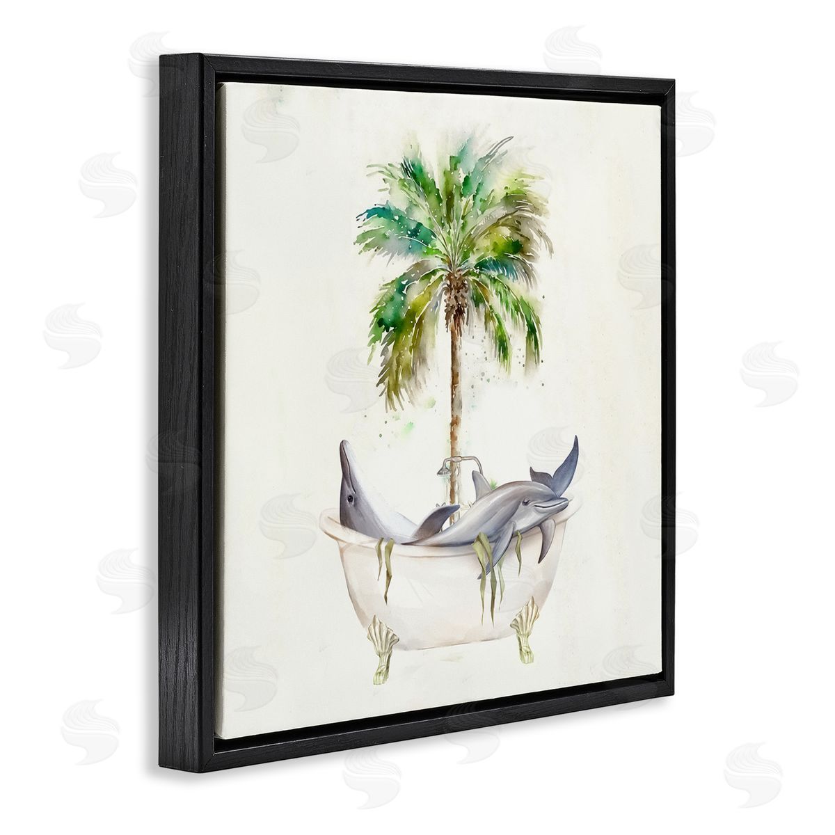 Ziwei Li Dolphins in Bath Tub Palm Tree Black Floating Frame Canvas Wall Art Print