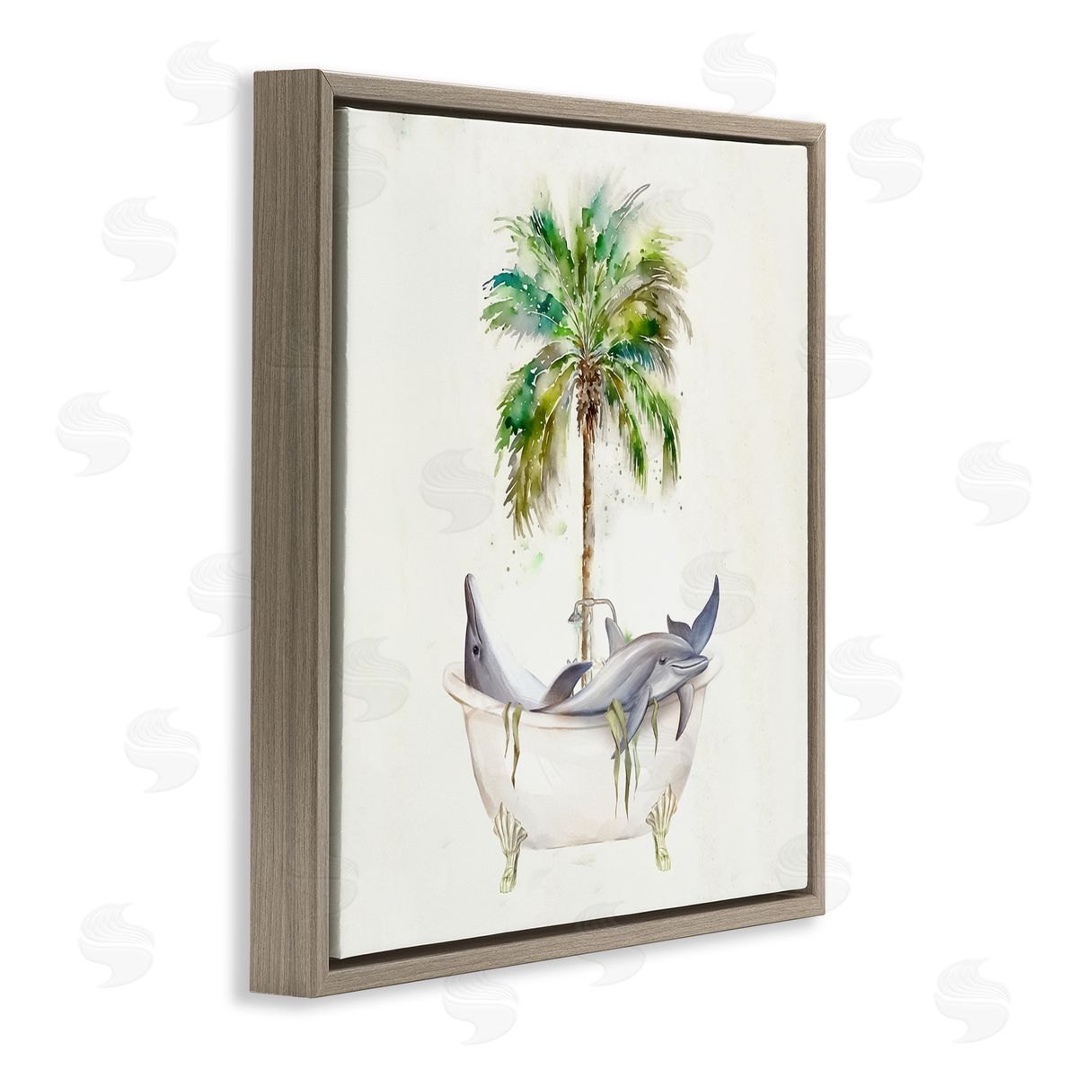 Ziwei Li Dolphins in Bath Tub Palm Tree Brown Floating Frame Canvas Wall Art Print