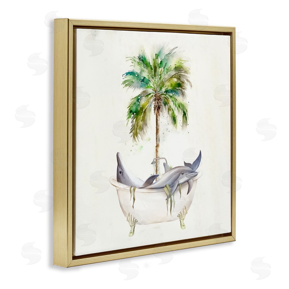 Ziwei Li Dolphins in Bath Tub Palm Tree Gold Floating Frame Canvas Wall Art Print