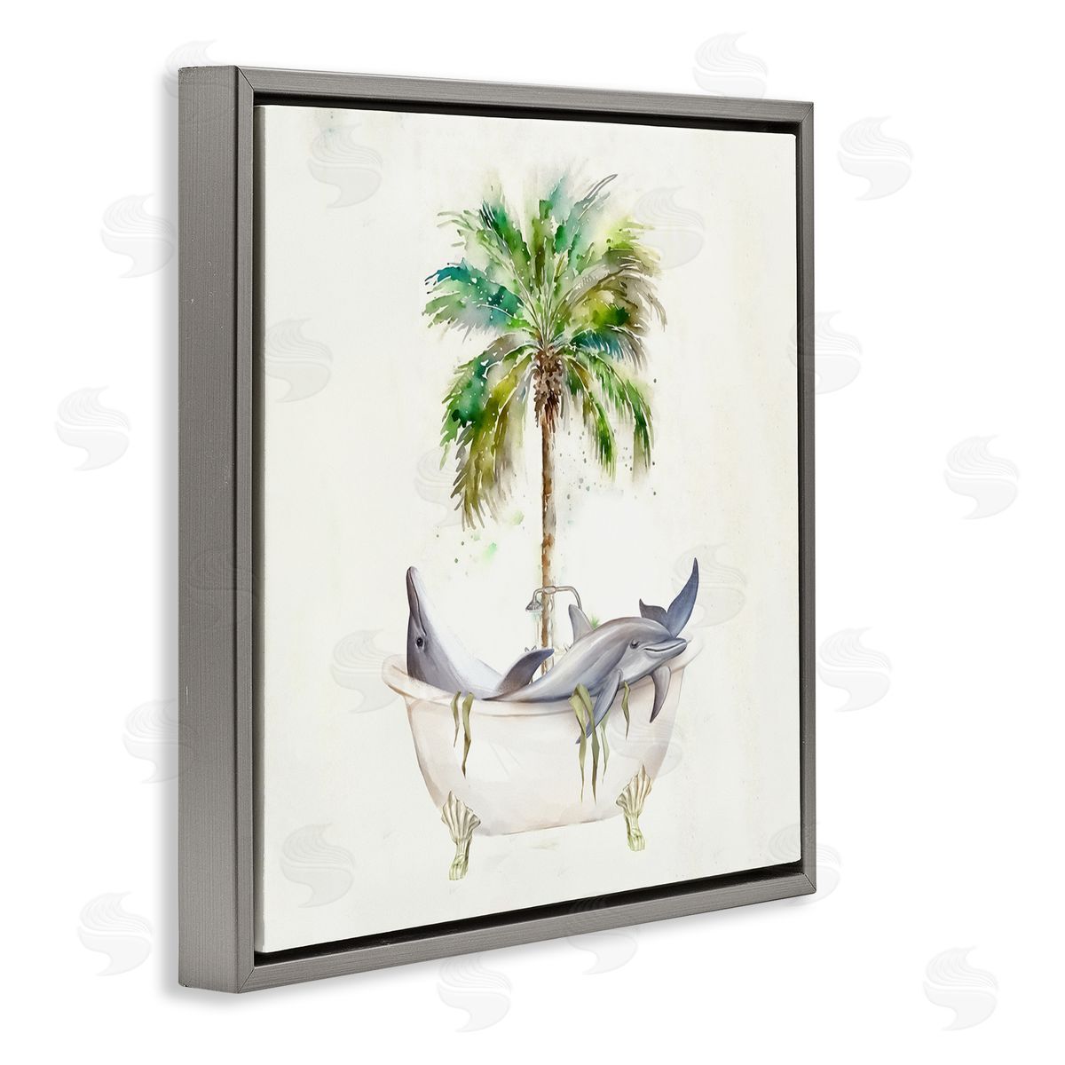 Ziwei Li Dolphins in Bath Tub Palm Tree Gray Floating Frame Canvas Wall Art Print
