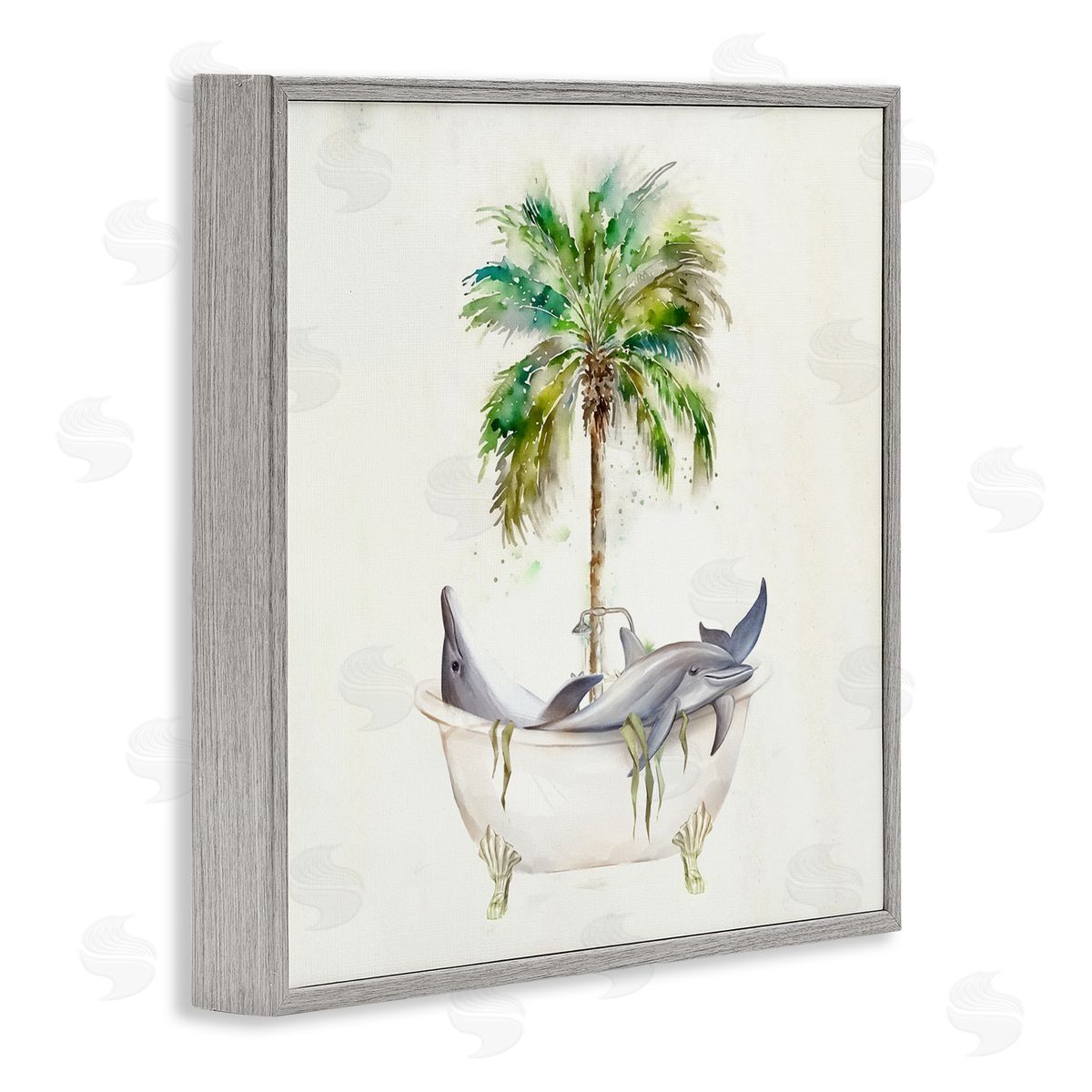 Ziwei Li Dolphins in Bath Tub Palm Tree Gray Framed Glicee Wall Art Print