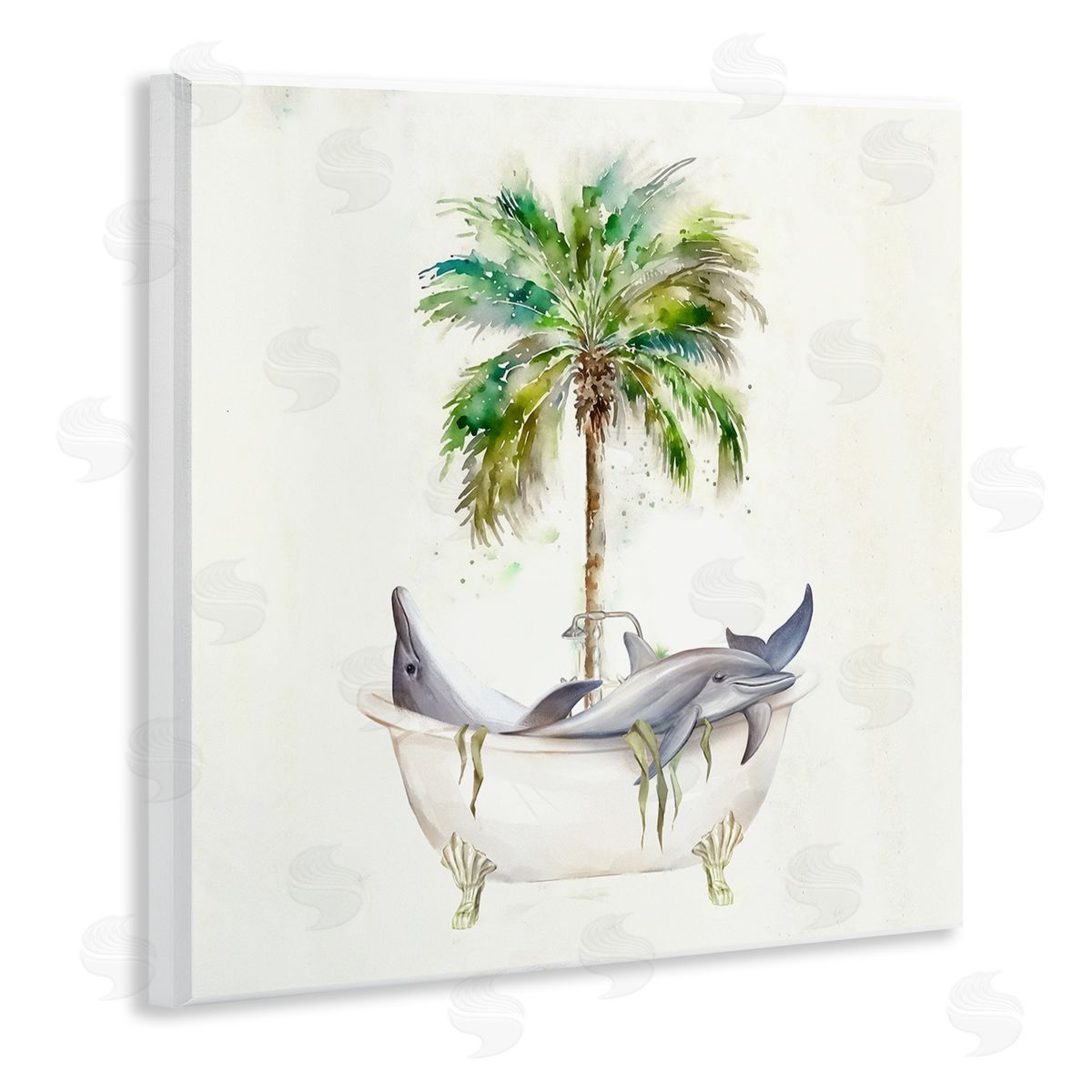 Ziwei Li Dolphins in Bath Tub Palm Tree Wooden Wall Plaque Art Print