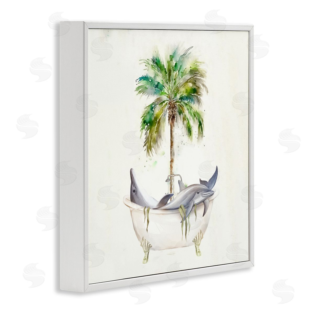 Ziwei Li Dolphins in Bath Tub Palm Tree White Framed Glicee Wall Art Print