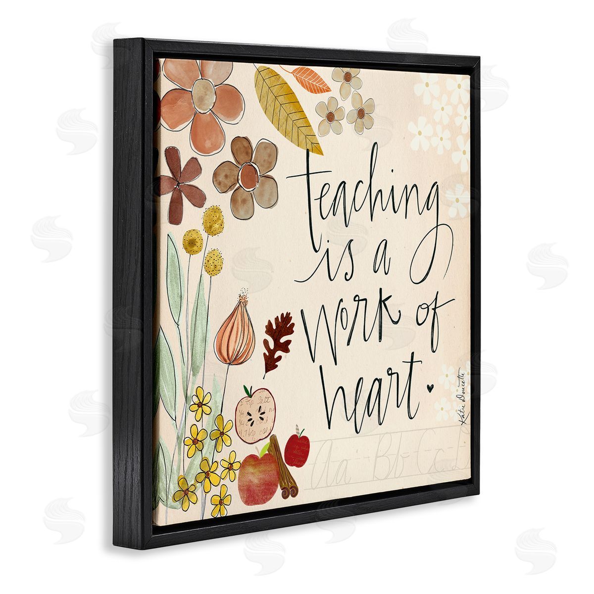 Katie Doucette Teaching Is Work Of Heart Floral Black Floating Frame Canvas Wall Art Print