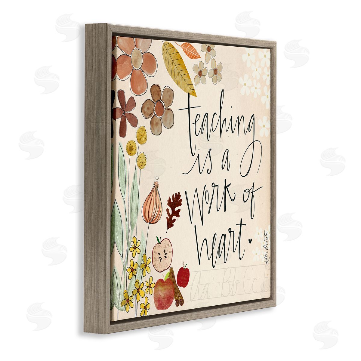Katie Doucette Teaching Is Work Of Heart Floral Brown Floating Frame Canvas Wall Art Print