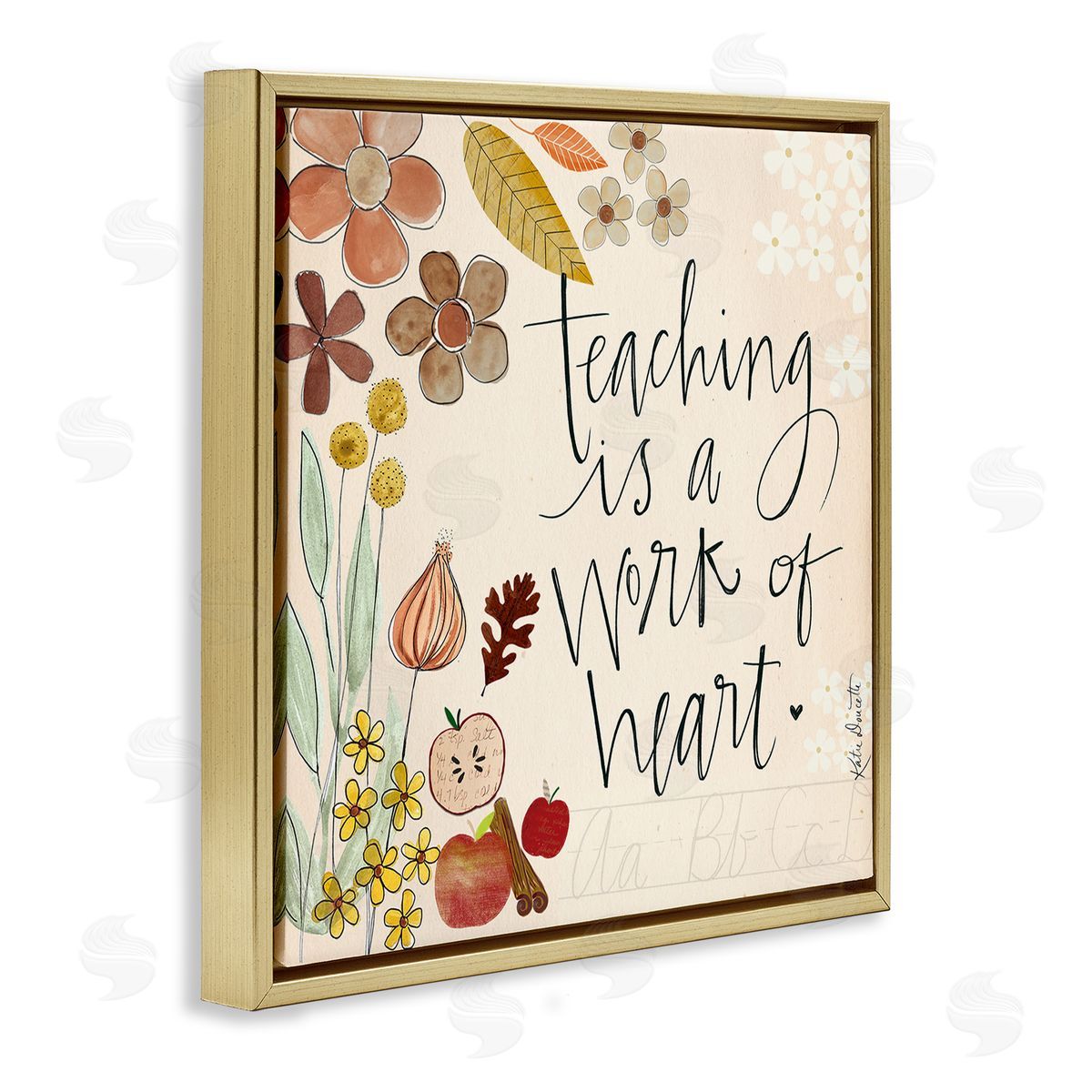 Katie Doucette Teaching Is Work Of Heart Floral Gold Floating Frame Canvas Wall Art Print