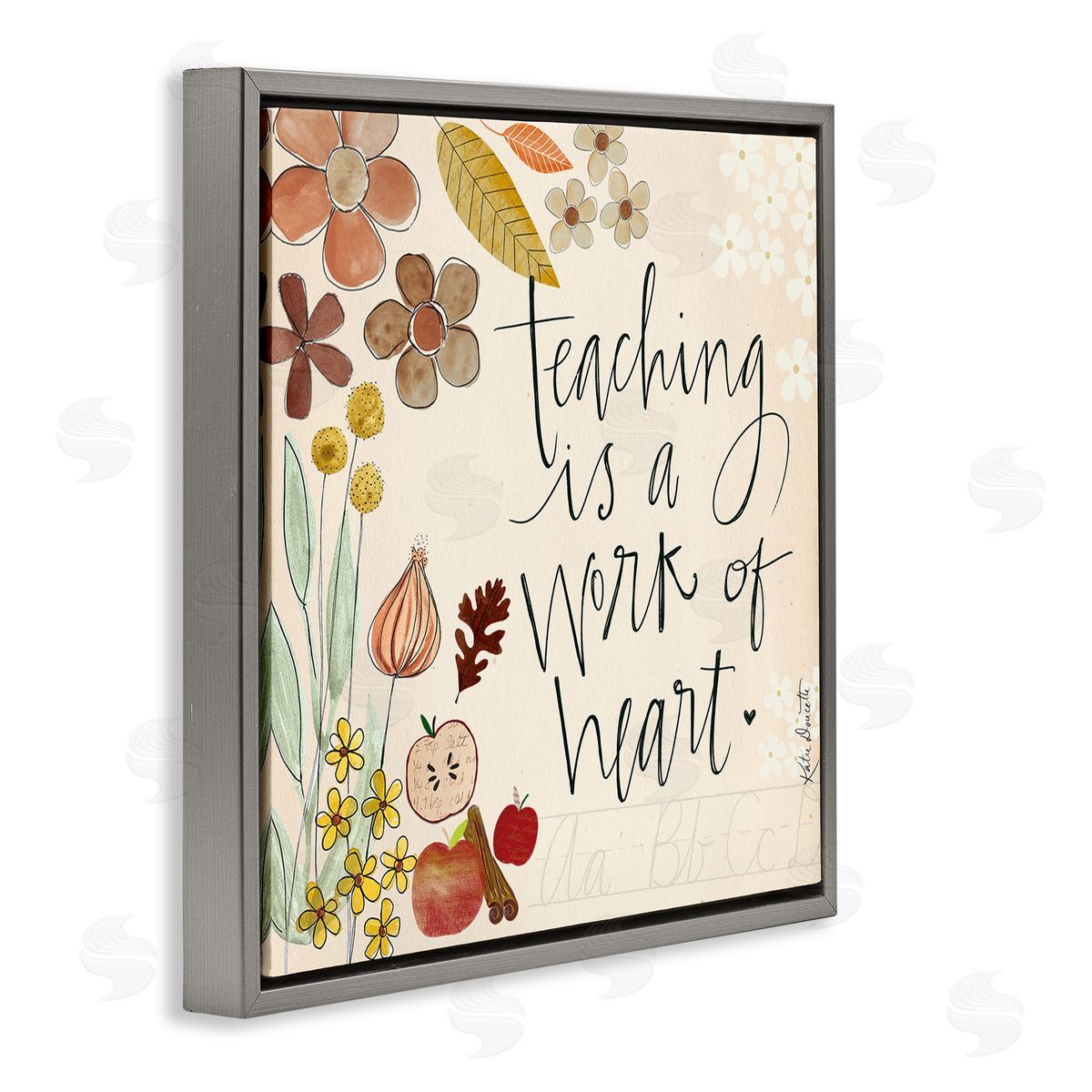 Katie Doucette Teaching Is Work Of Heart Floral Gray Floating Frame Canvas Wall Art Print