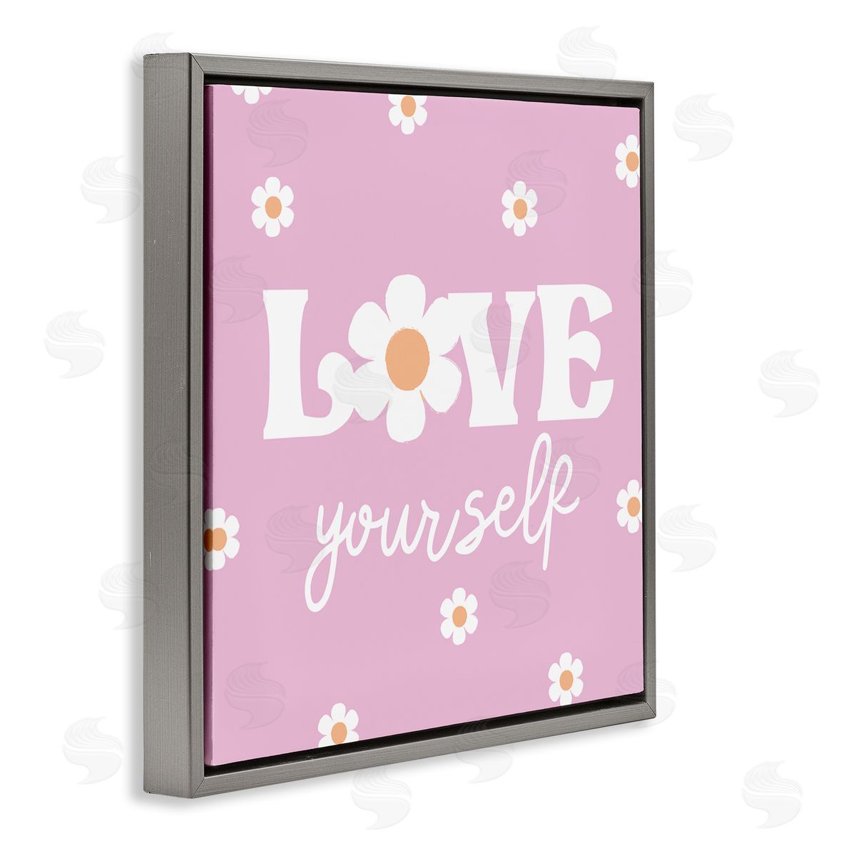 Lula Bijoux & co. Love Yourself Pink Daisies Phrase Gray Floating Frame Canvas Wall Art Print