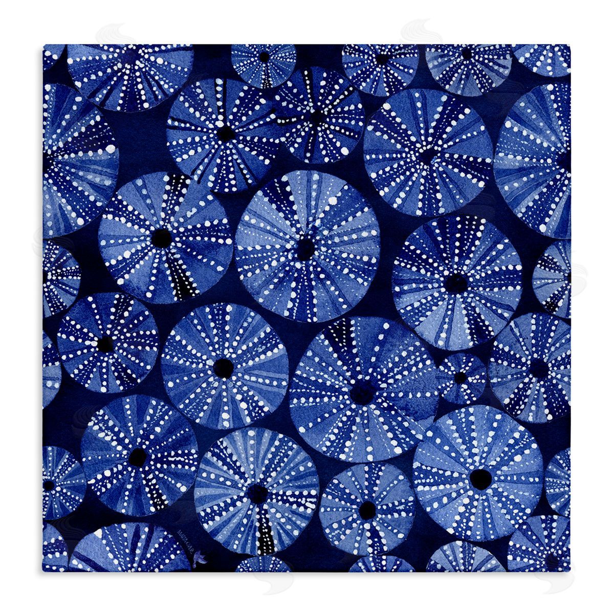 Maria Over Abstract Blue Sea Urchin Pattern Stretched Canvas Wall Art Print