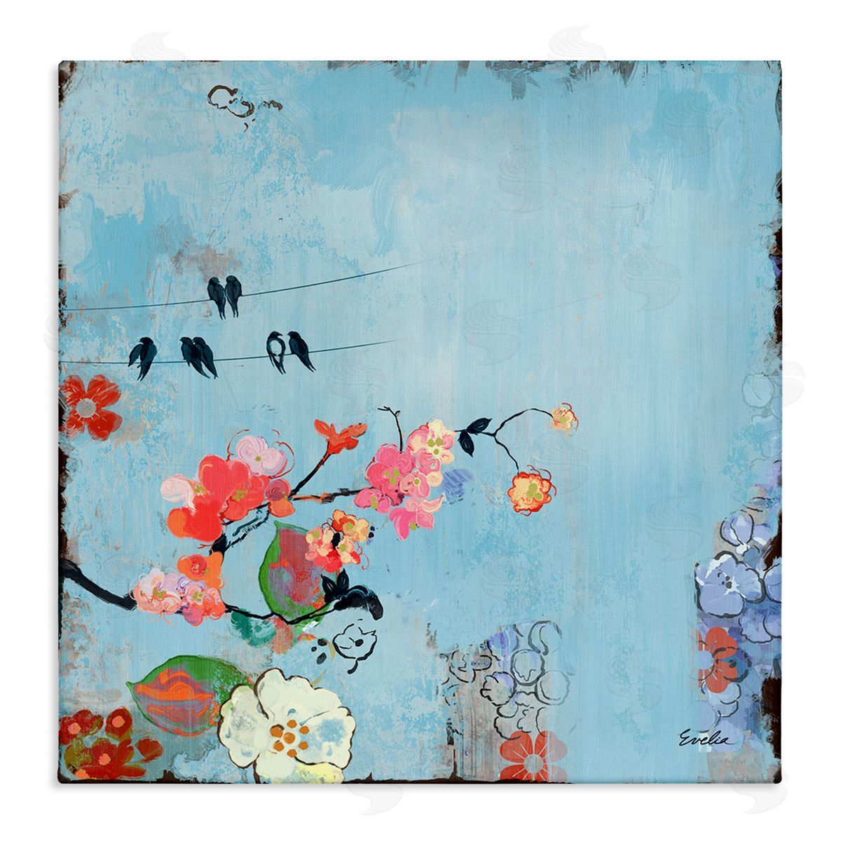 Evelia Designs Modern Birds & Flowers Scenery Stretched Canvas Wall Art Print