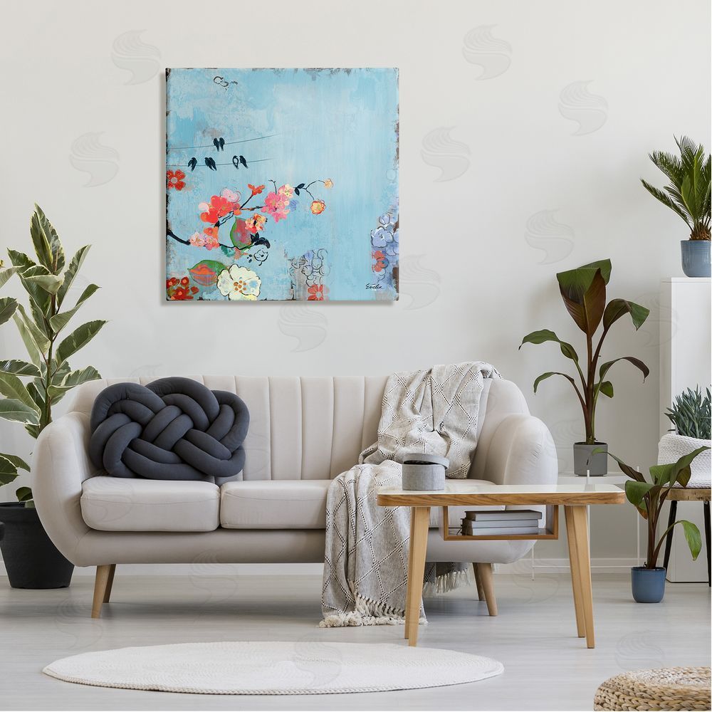 Evelia Designs Modern Birds & Flowers Scenery Canvas Wall Art in Room