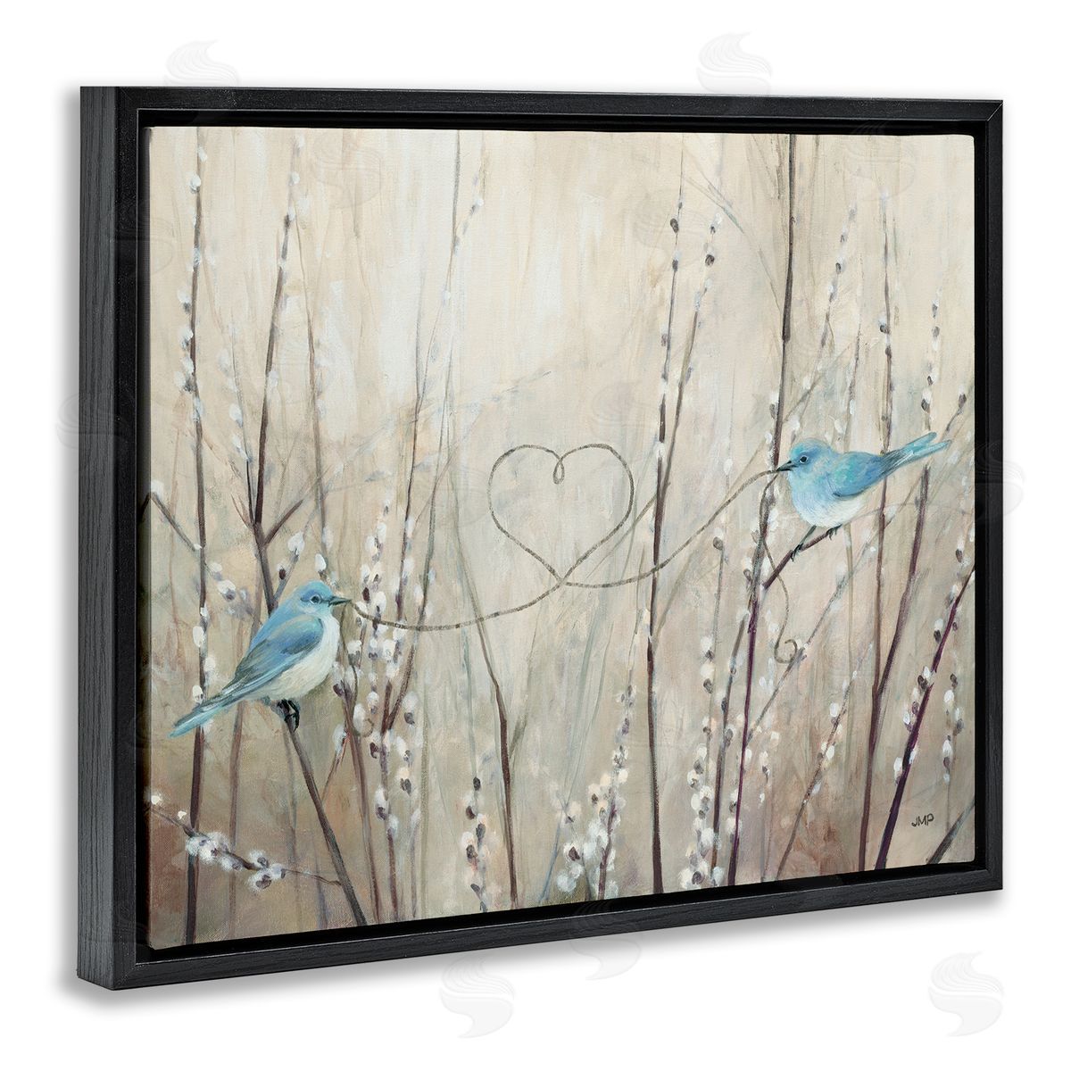 Love Birds with Heart Shape Black Floating Frame Canvas Wall Art, Home Decor by Julia Purinton