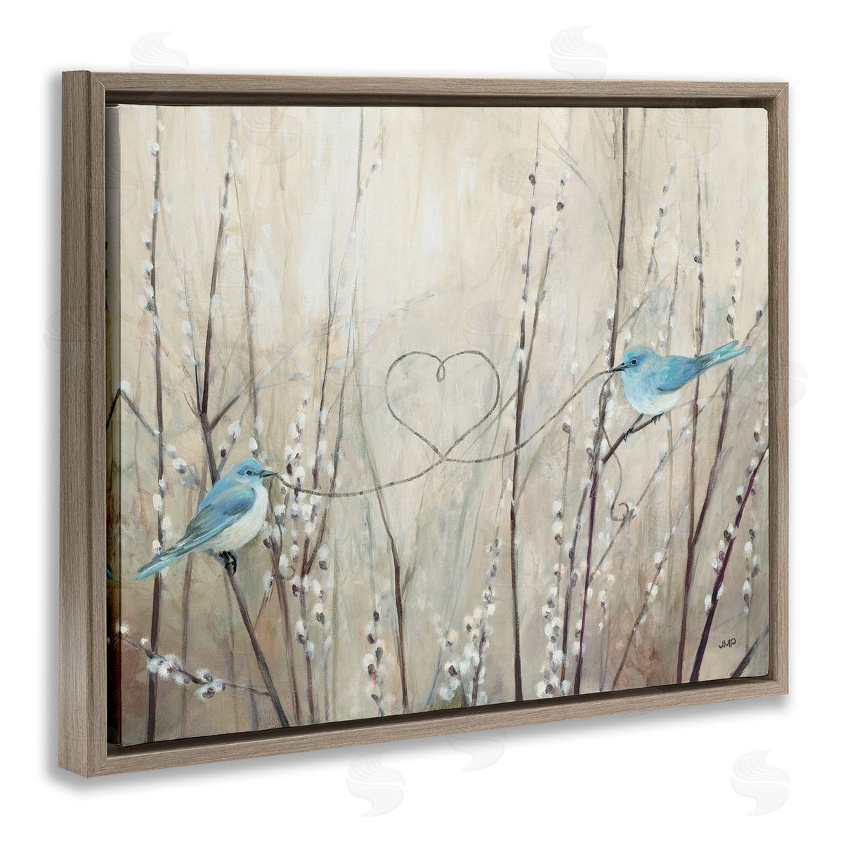 Love Birds with Heart Shape Brown Floating Frame Canvas Wall Art, Home Decor by Julia Purinton