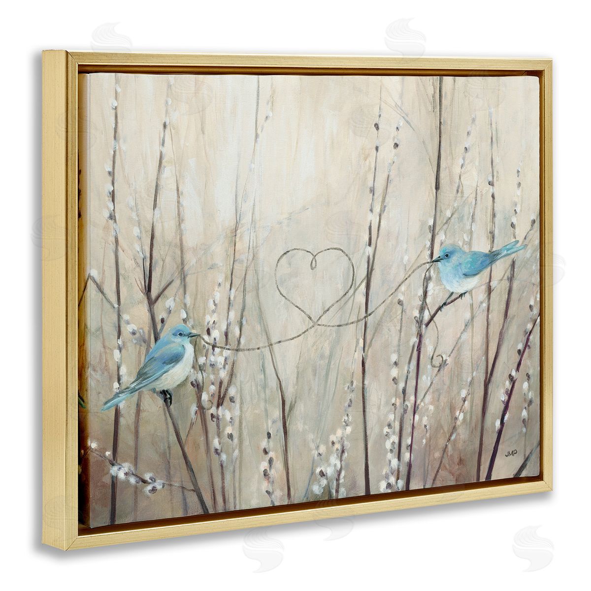 Love Birds with Heart Shape Gold Floating Frame Canvas Wall Art, Home Decor by Julia Purinton