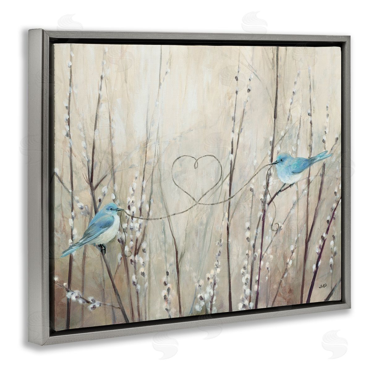 Love Birds with Heart Shape Grey Floating Frame Canvas Wall Art, Home Decor by Julia Purinton