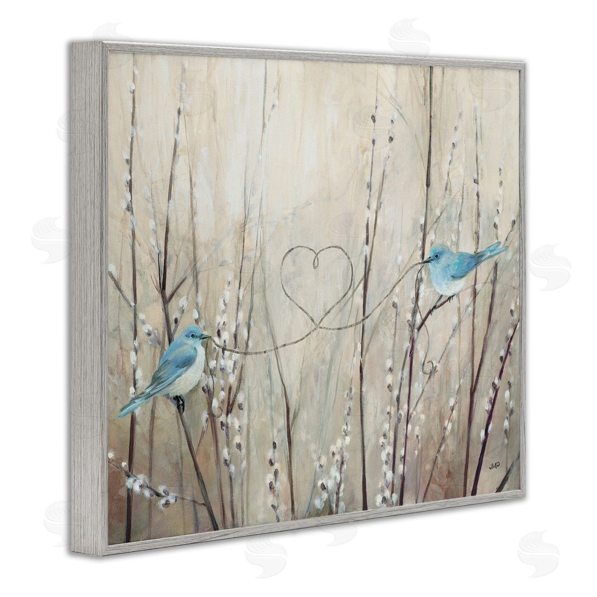 Love Birds with Heart Shape Grey Frame Print Wall Art, Home Decor by Julia Purinton