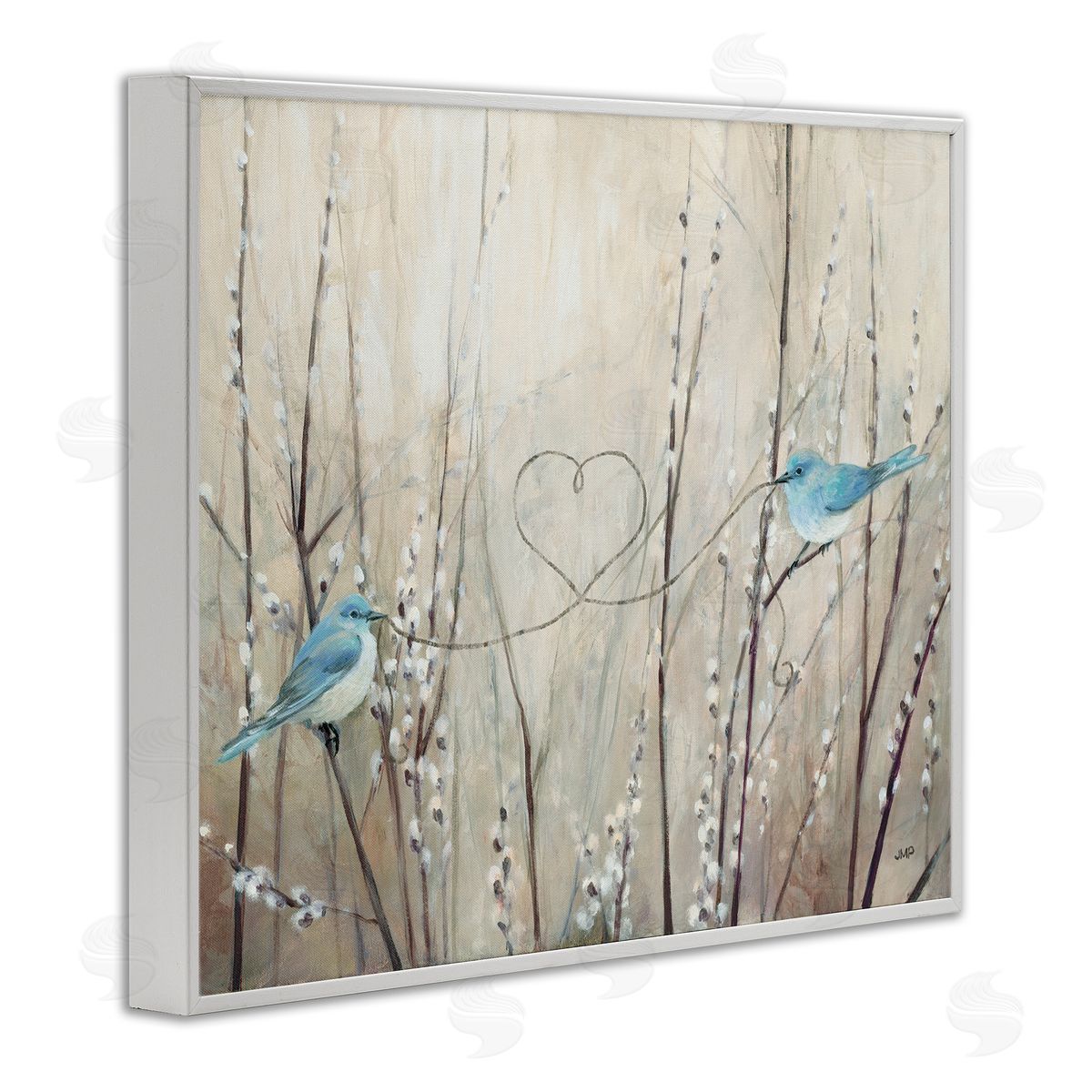 Love Birds with Heart Shape White Frame Print Wall Art, Home Decor by Julia Purinton