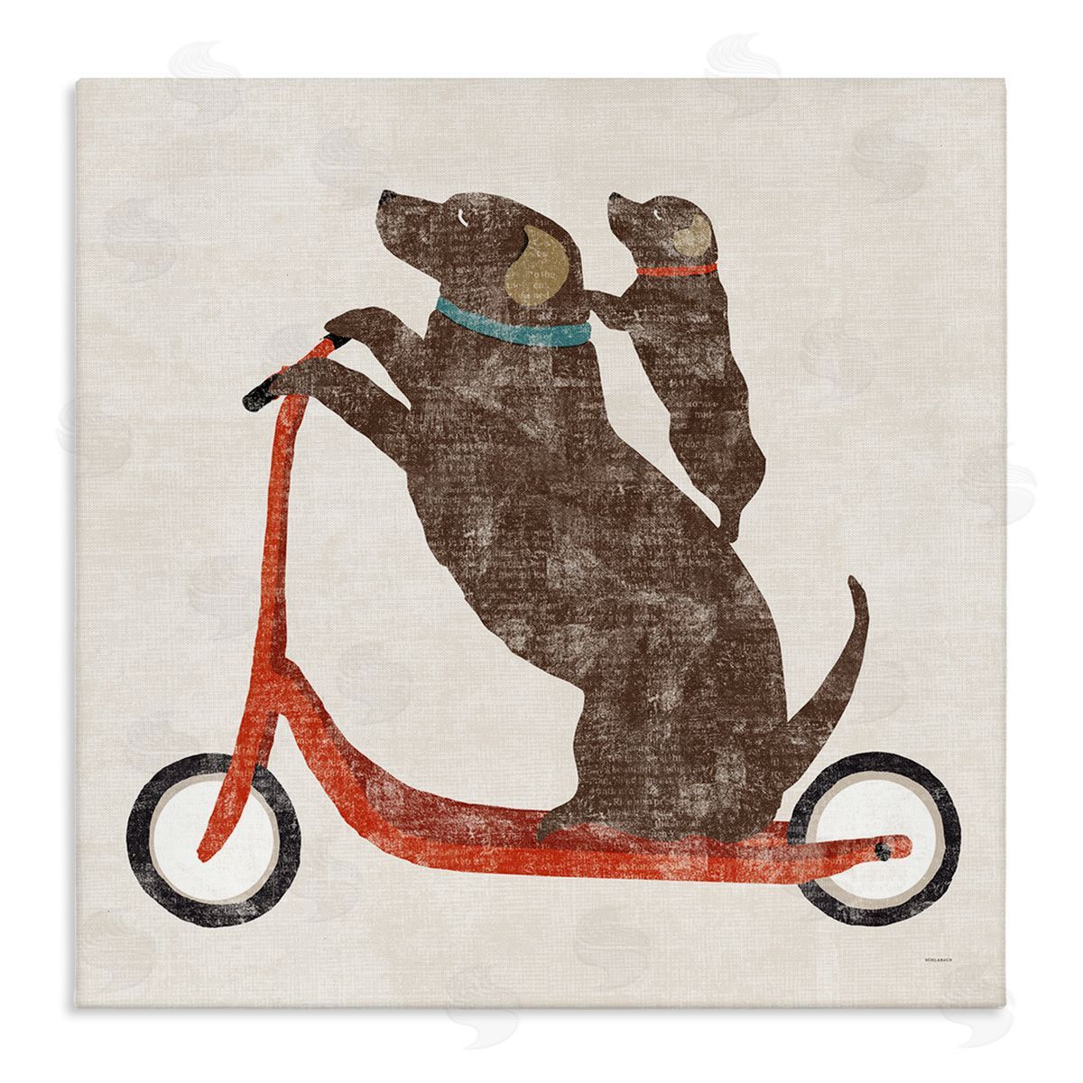 Sue Schlabach Red Scooter Dogs Duo Stretched Canvas Wall Art Print
