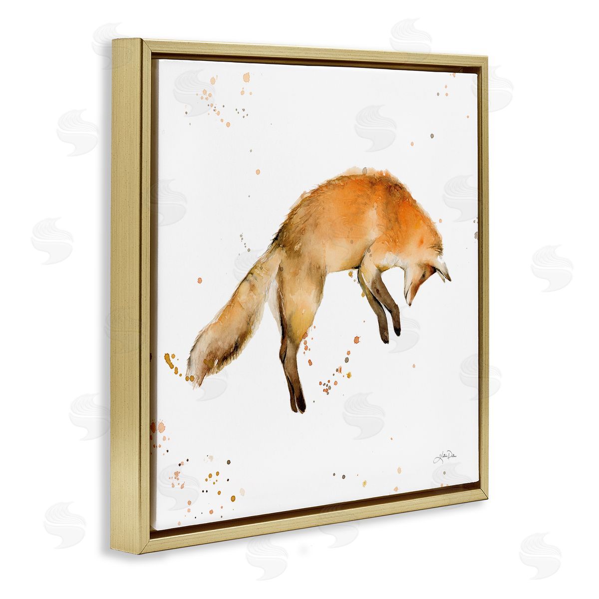 Katrina Pete Jumping Fox Modern Wildlife Gold Floating Frame Canvas Wall Art Print