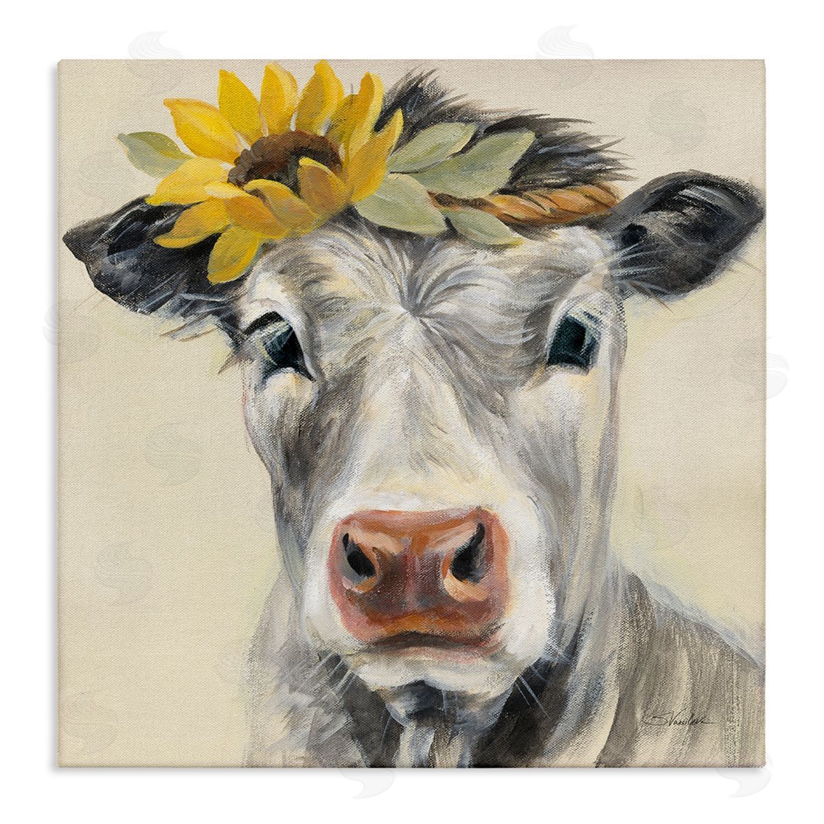 Silvia Vassileva Cow with Sunflower Crown Stretched Canvas Wall Art Print