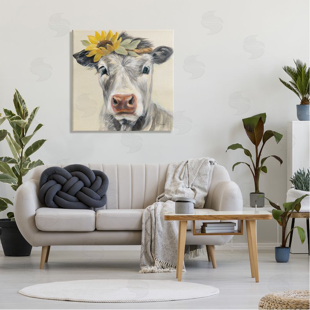 Silvia Vassileva Cow with Sunflower Crown Canvas Wall Art in Room