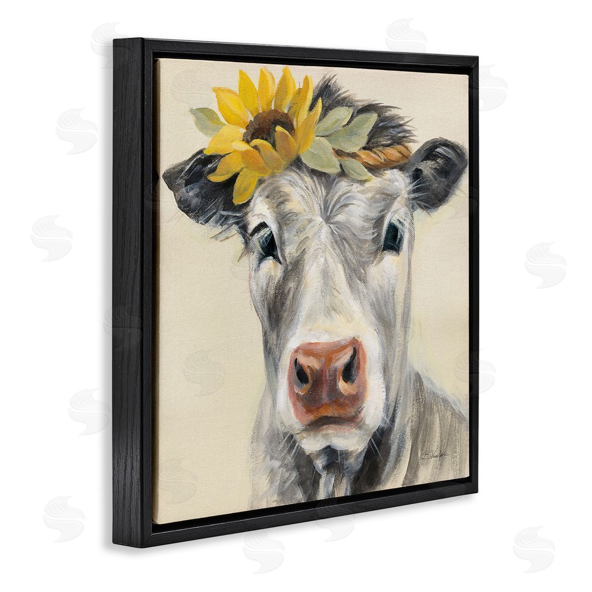 Silvia Vassileva Cow with Sunflower Crown Black Floating Frame Canvas Wall Art Print