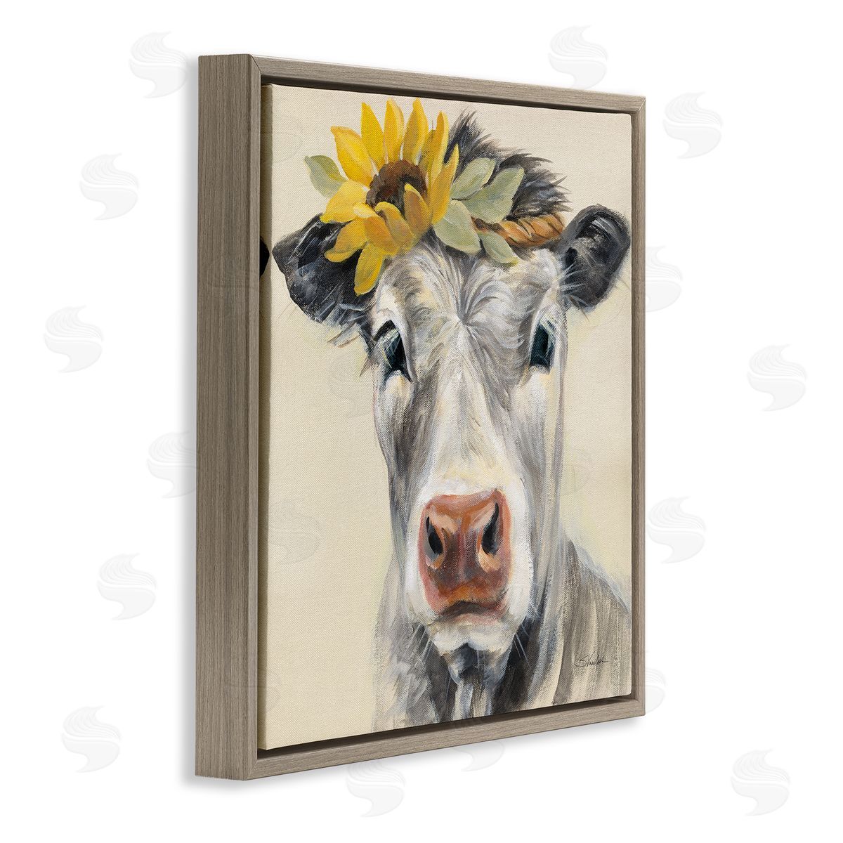 Silvia Vassileva Cow with Sunflower Crown Brown Floating Frame Canvas Wall Art Print