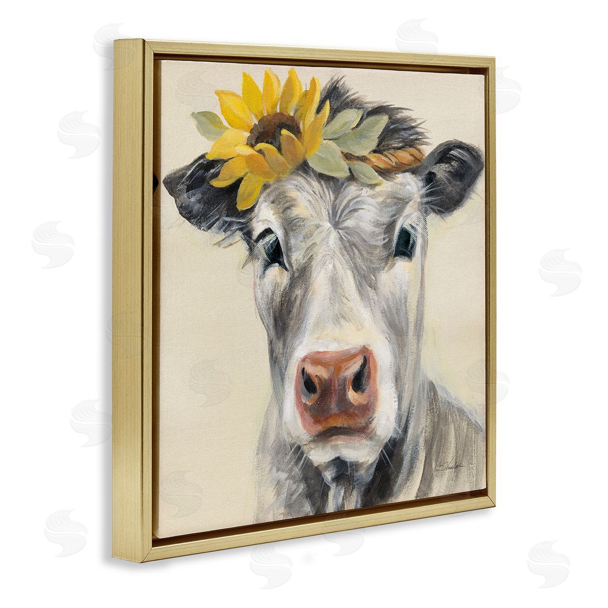 Silvia Vassileva Cow with Sunflower Crown Gold Floating Frame Canvas Wall Art Print