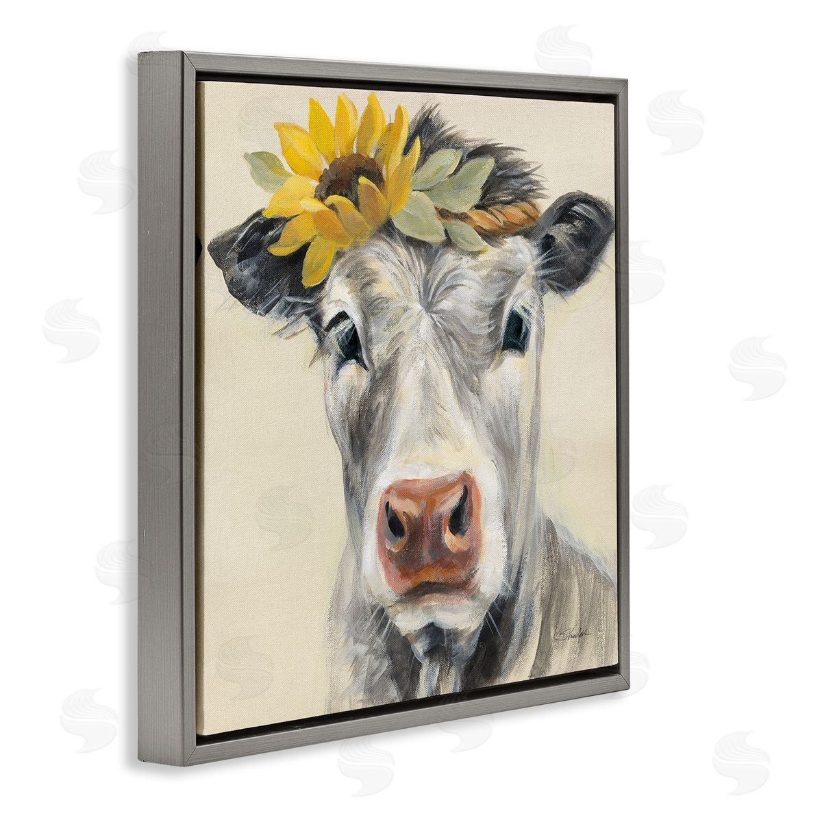 Silvia Vassileva Cow with Sunflower Crown Gray Floating Frame Canvas Wall Art Print
