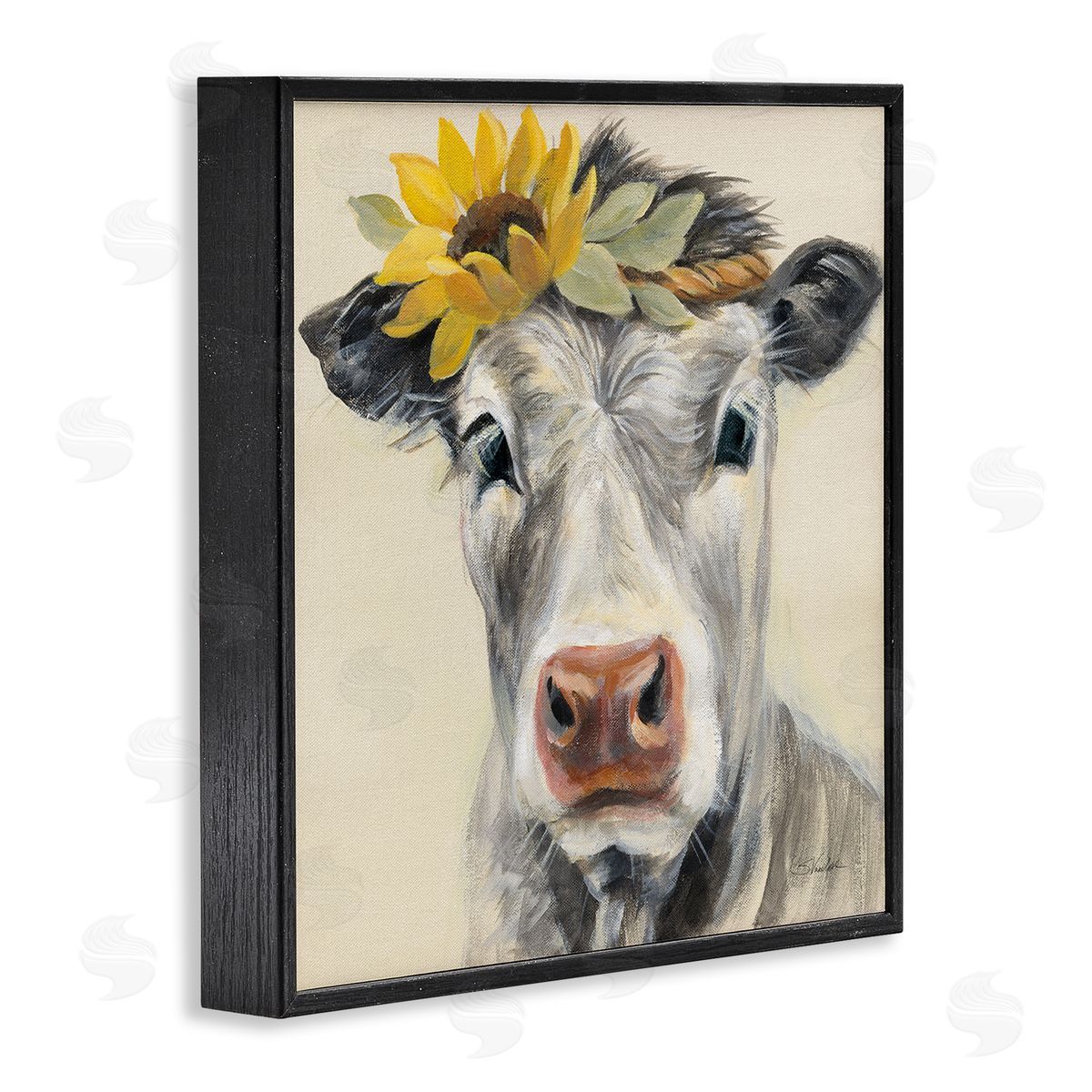 Silvia Vassileva Cow with Sunflower Crown Black Framed Glicee Wall Art Print