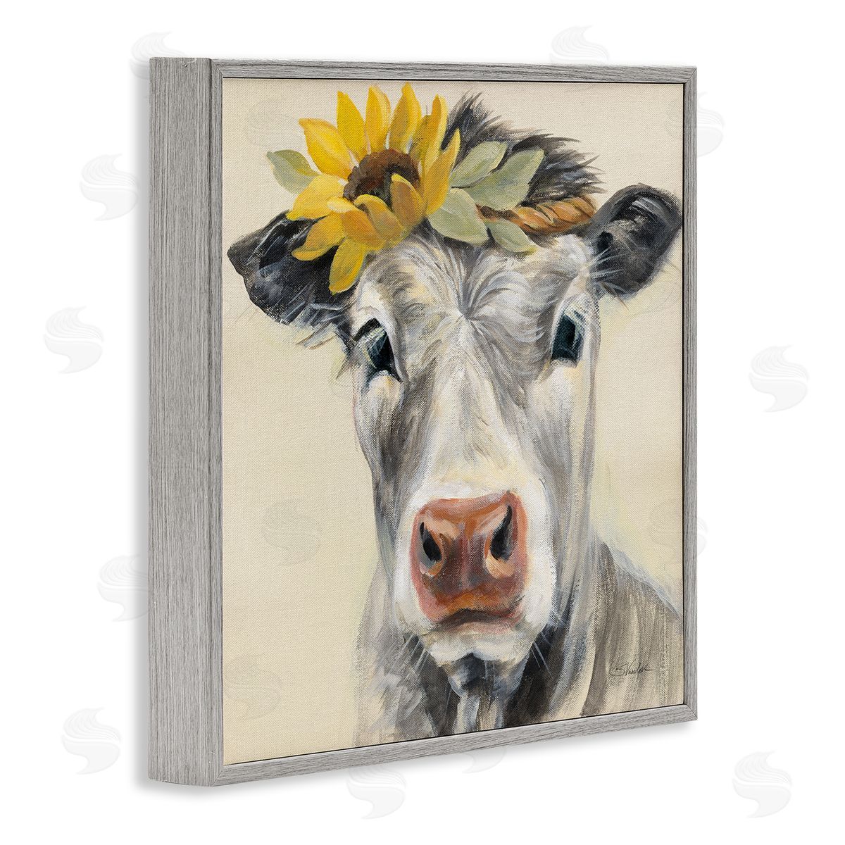 Silvia Vassileva Cow with Sunflower Crown Gray Framed Glicee Wall Art Print