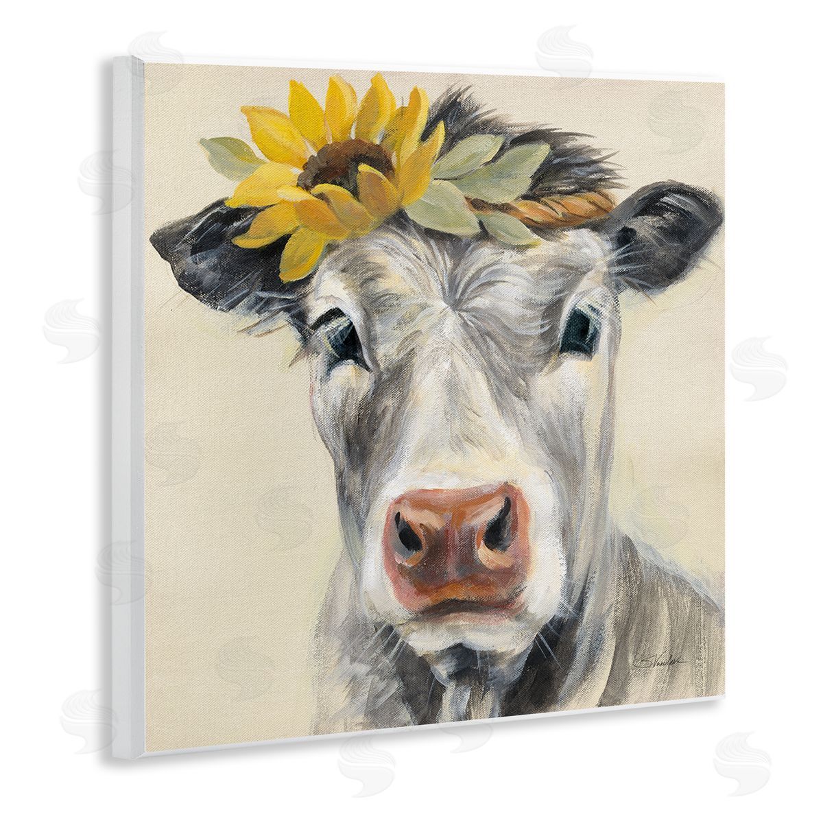 Silvia Vassileva Cow with Sunflower Crown Wooden Wall Plaque Art Print
