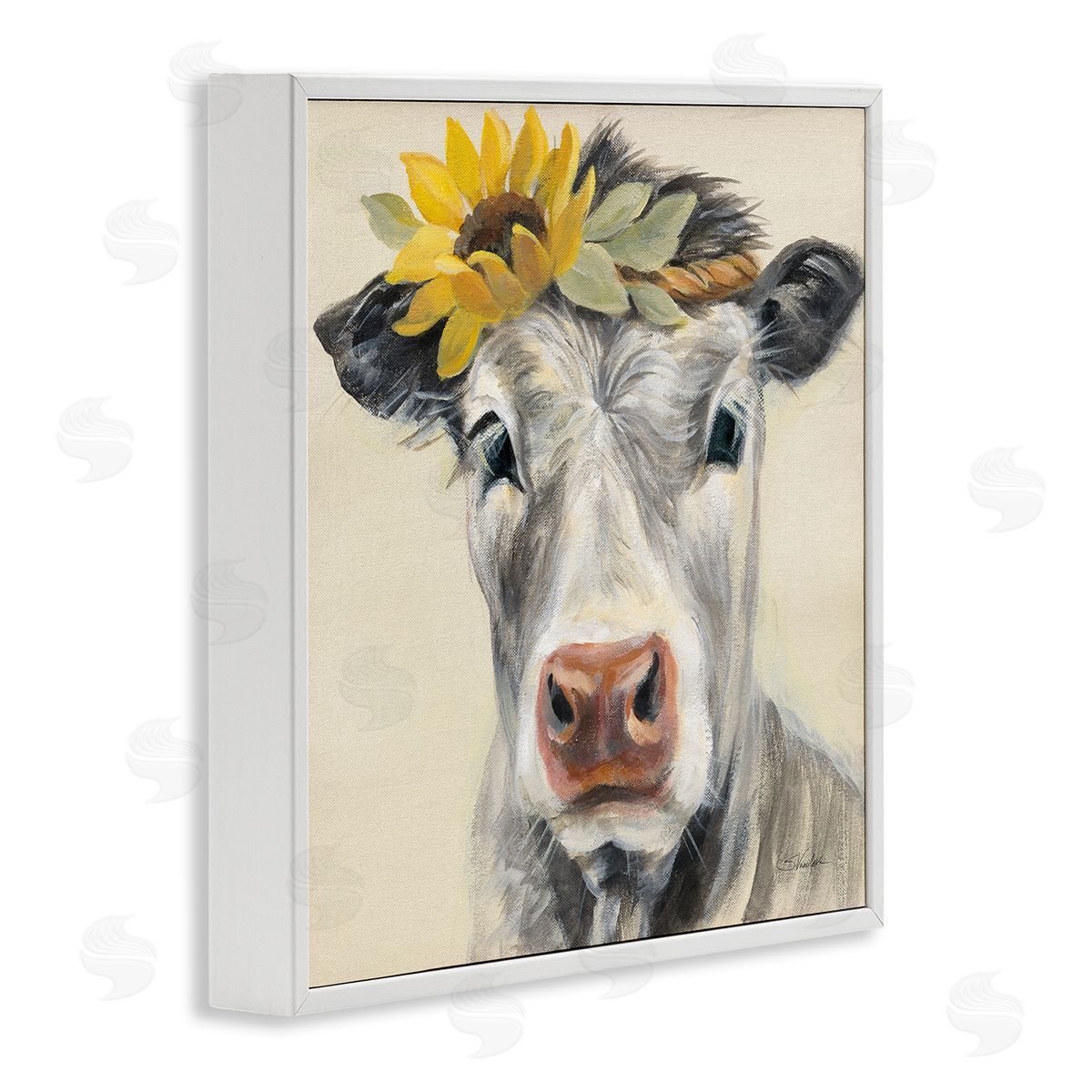Silvia Vassileva Cow with Sunflower Crown White Framed Glicee Wall Art Print