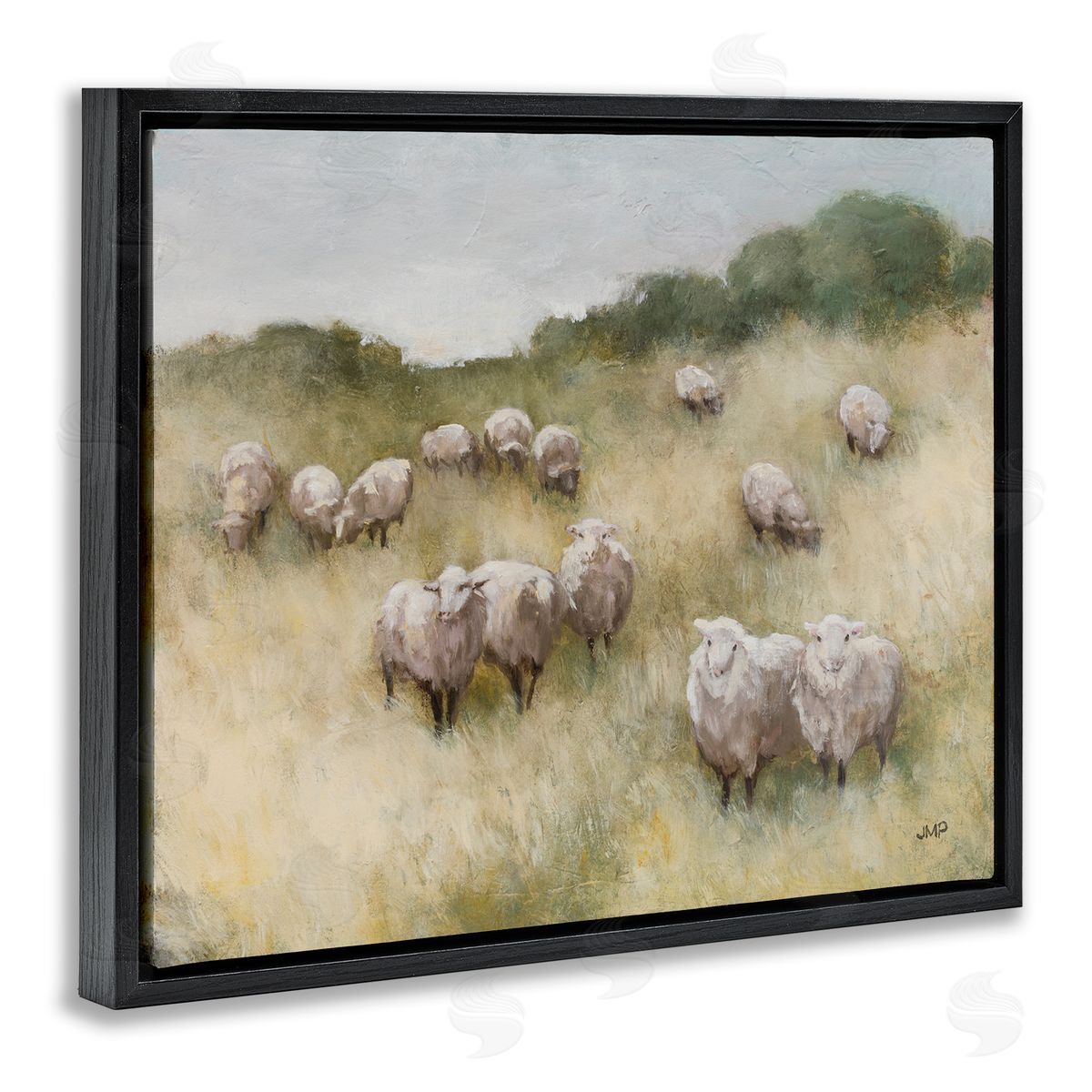 Sheep Herd in Rural Grassland Black Floating Frame Canvas Wall Art, Home Decor by Julia Purinton