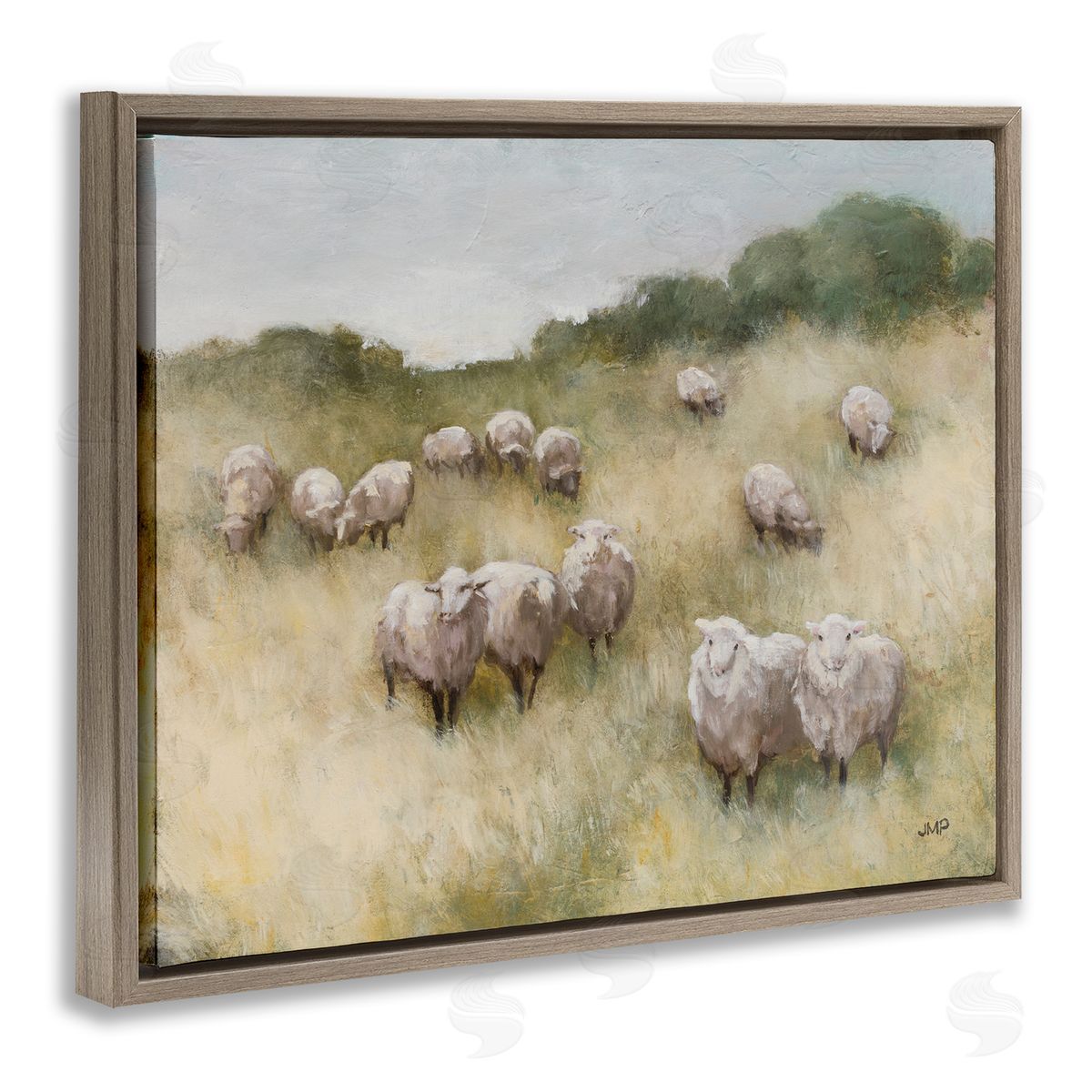 Sheep Herd in Rural Grassland Brown Floating Frame Canvas Wall Art, Home Decor by Julia Purinton