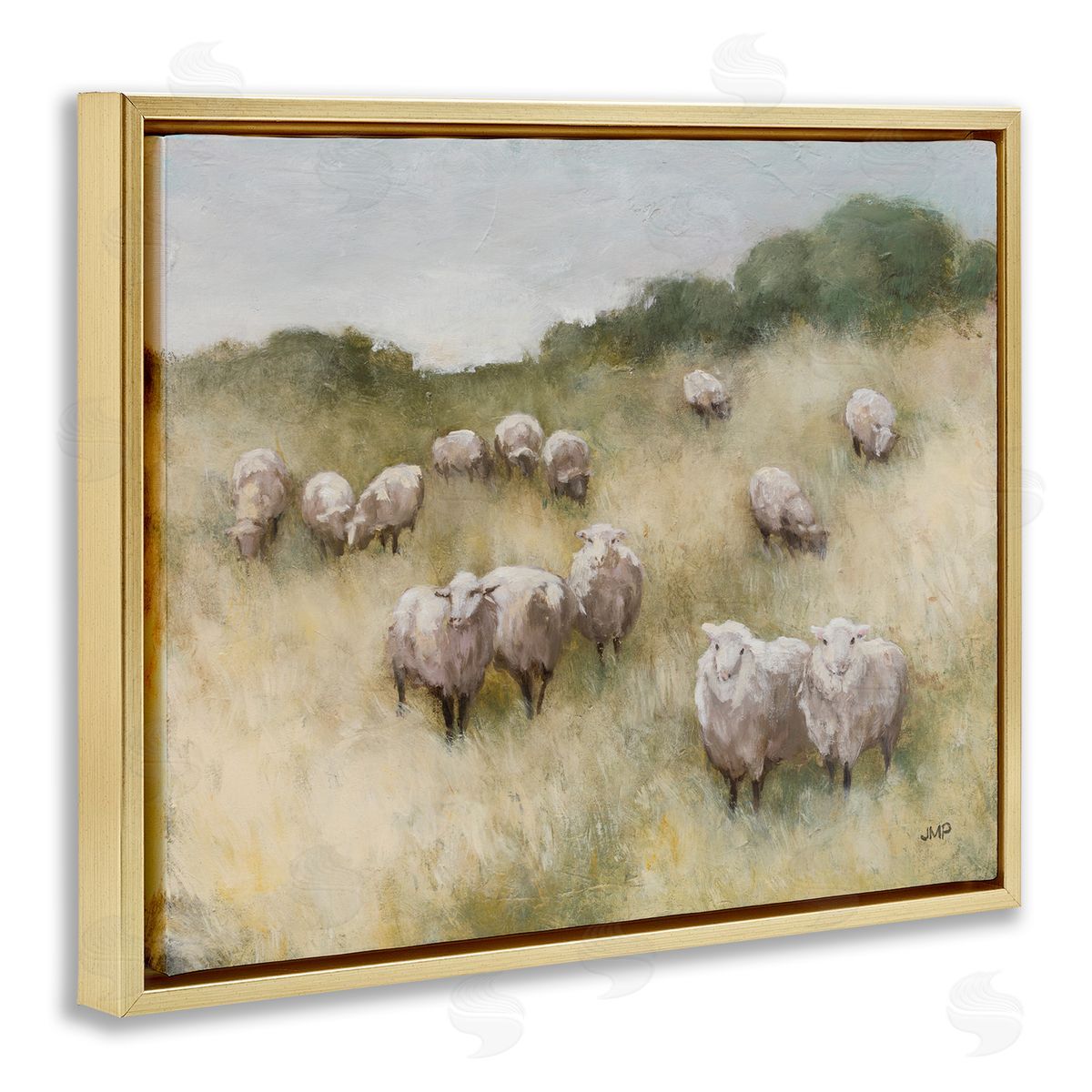 Sheep Herd in Rural Grassland Gold Floating Frame Canvas Wall Art, Home Decor by Julia Purinton