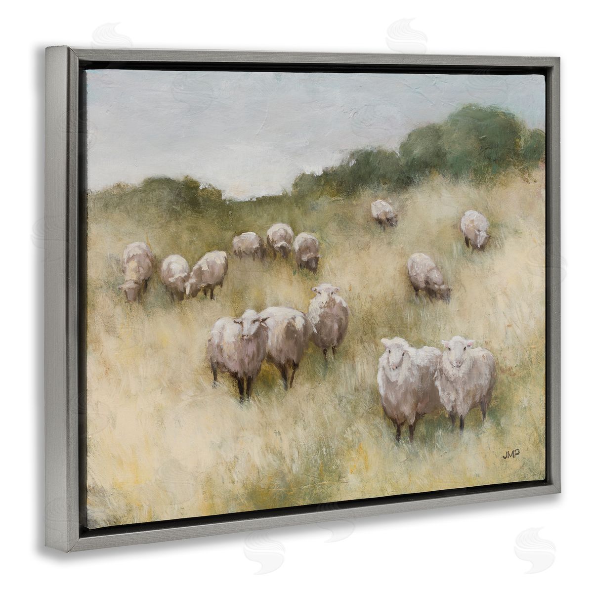 Sheep Herd in Rural Grassland Grey Floating Frame Canvas Wall Art, Home Decor by Julia Purinton