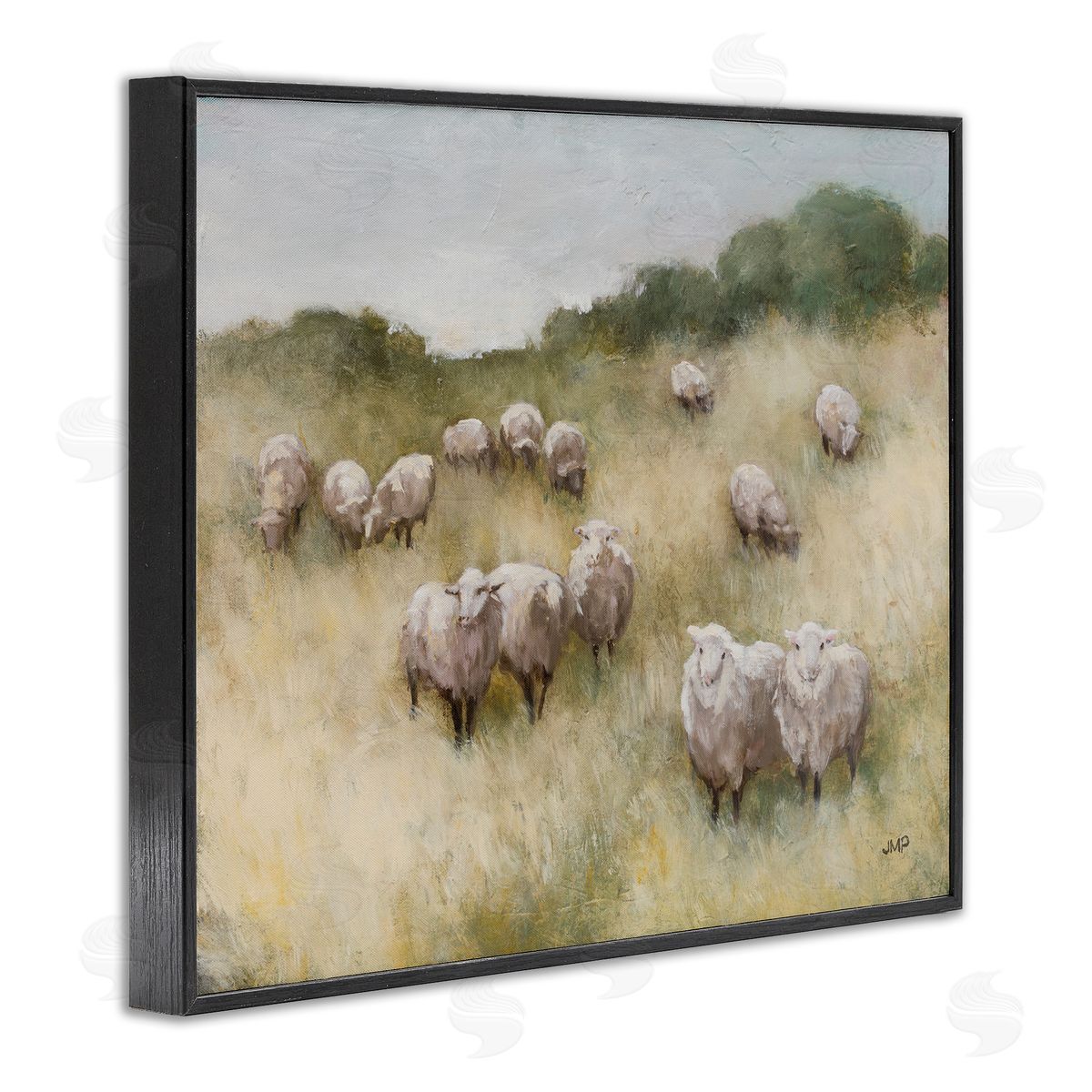 Sheep Herd in Rural Grassland Black Frame Print Wall Art, Home Decor by Julia Purinton