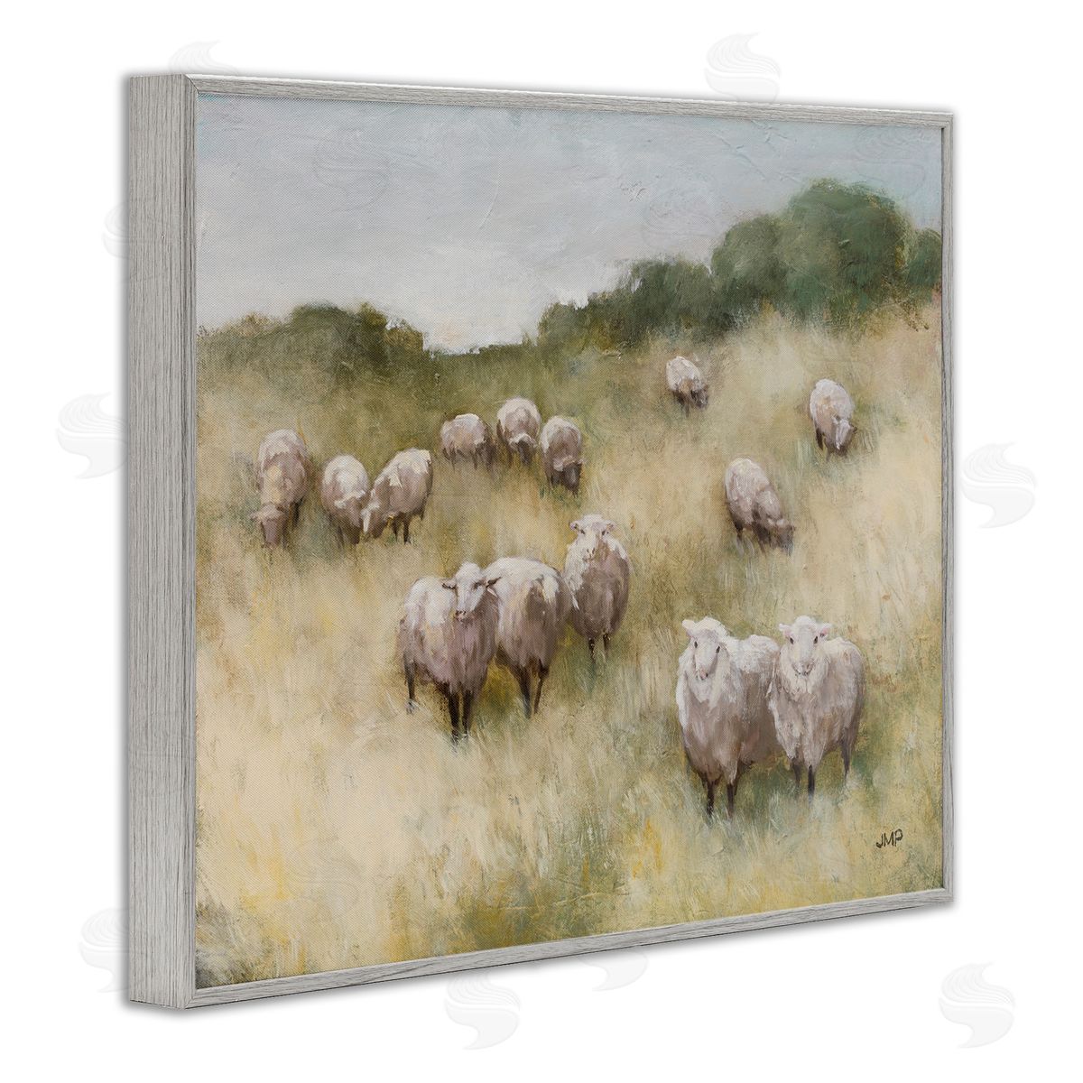 Sheep Herd in Rural Grassland Grey Frame Print Wall Art, Home Decor by Julia Purinton